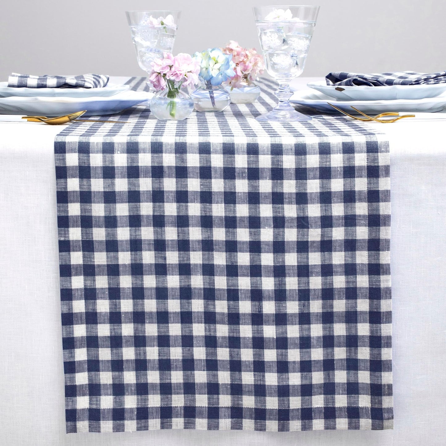 Solino Home 100% Pure Linen Table Runner Apricot, Gingham Check 14 x 36 in | Table Runners for nightstands, end tables, coffee tables and dressers | checkered weave, mitered corners | OEKO-TEX Certified BST326SOLH