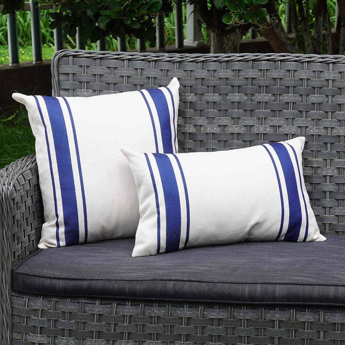 ONWAY Outdoor Pillow Covers Waterproof 18x18 Set of 2 Decorative Linen Throw Pillow Cover Beige and Black Striped Outdoor Pillows for Patio Furniture BST220