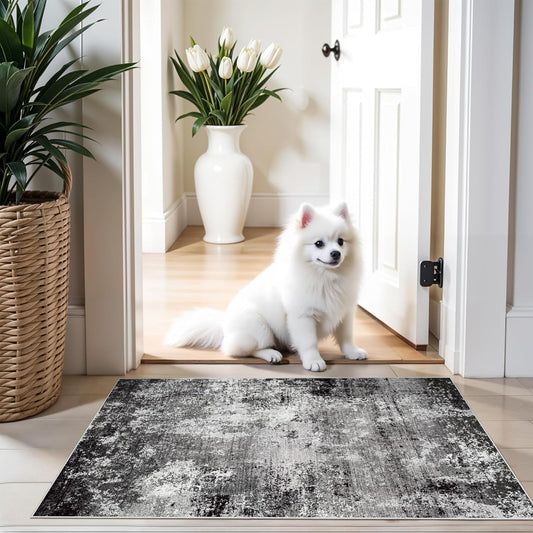 2x3 Washable Entryway Rug – Non-Slip Modern Abstract Neutral Small Throw Area Rug for Kitchen, Bedroom – Soft Low Pile Thin Indoor Door Mat（Black Grey,2x3） BST326H