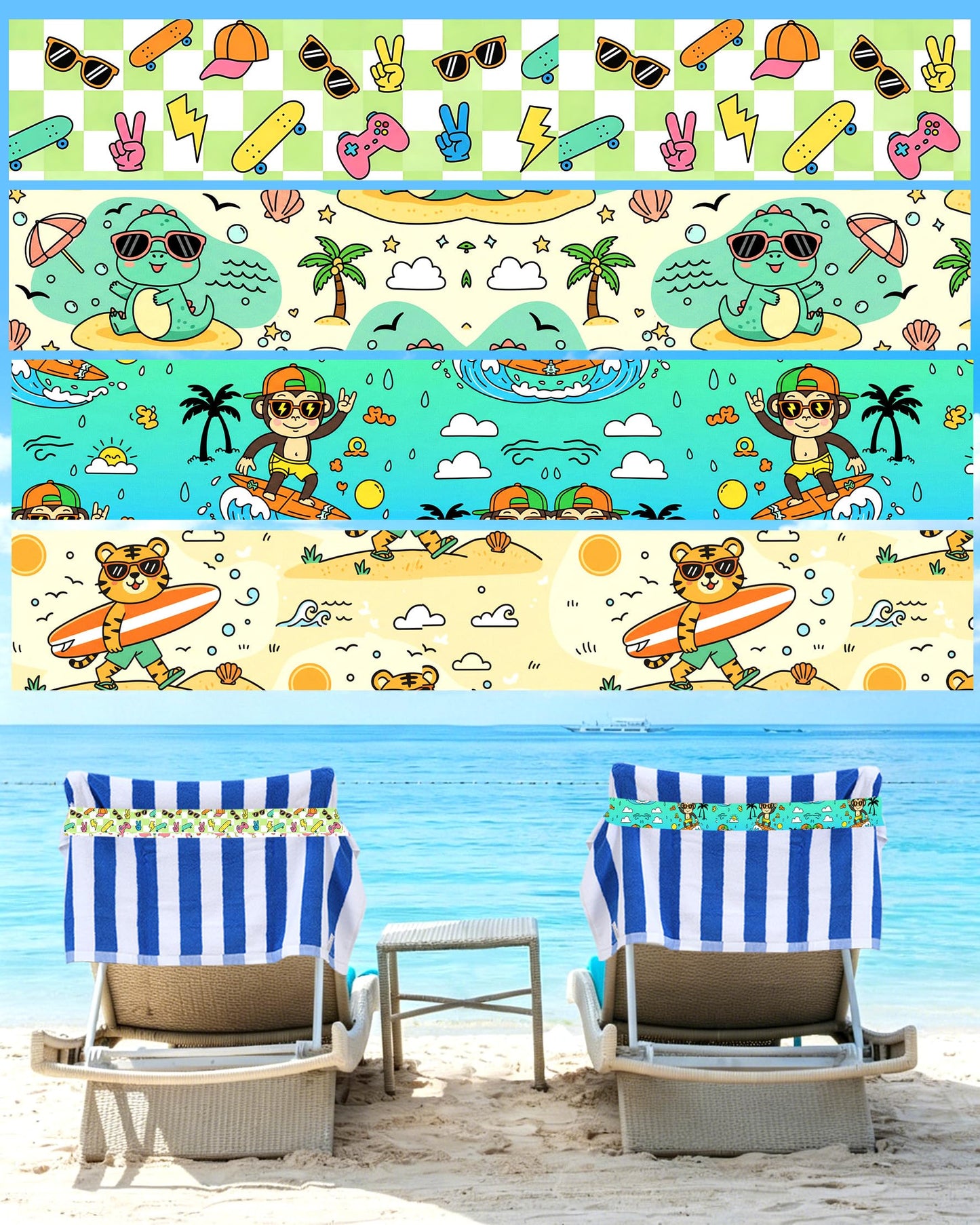 Yufawow 4 Packs Printed Towel Band for Beach Pool Lounge Chair Strap Clip Flamingo Pineapple Tropical Print Cruise Ship Essentials 2026 Card Lanyard Luggage Tag Holder Women Vacation Must Haves BST220