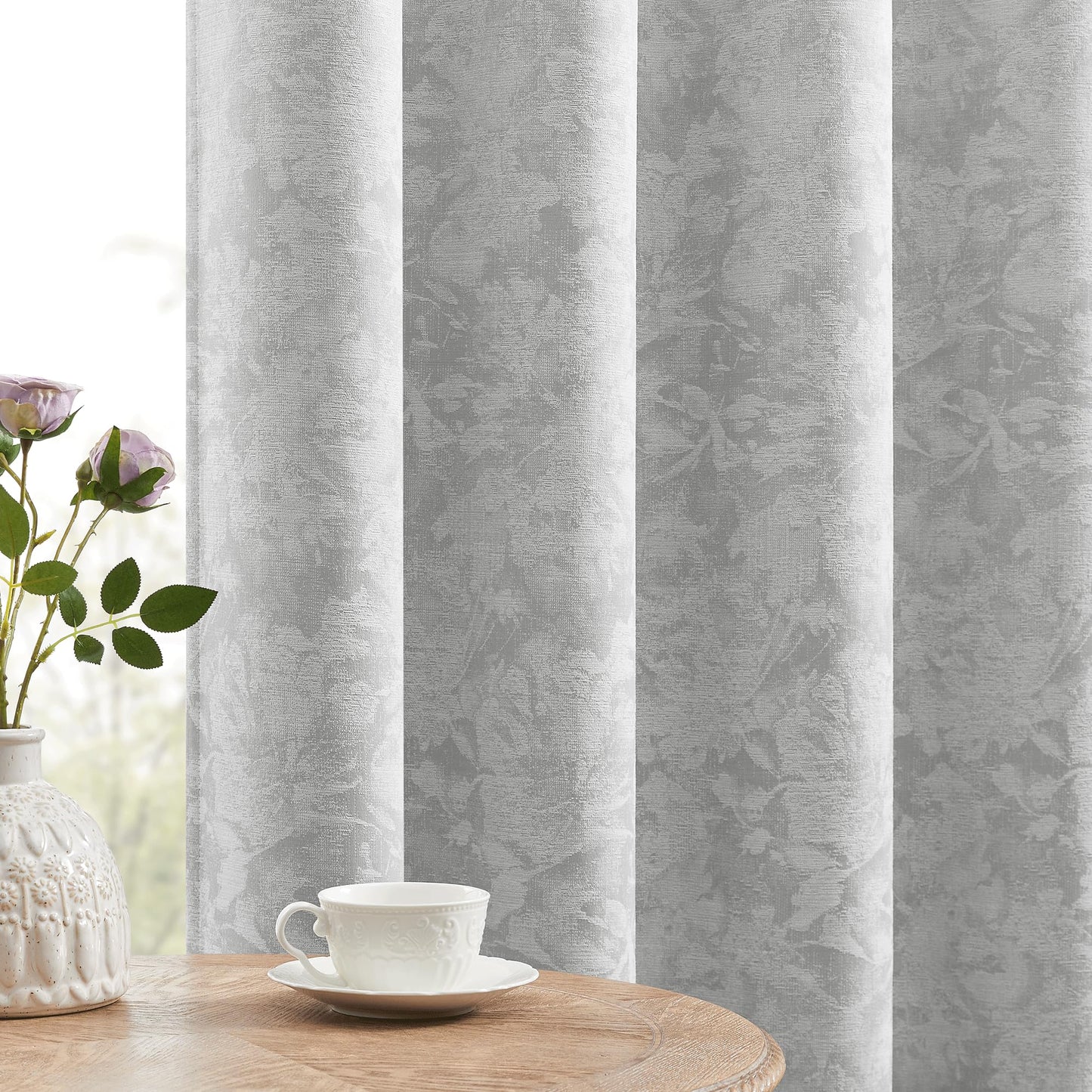 Beauoop Green Floral Jacquard Blackout Curtains 90 Inches Long 2 Panels for Bedroom Living Room Sage Flower Chenille Room Darkening Thermal Insulated Soundproof Grommet Window Treatments Drapes, 52x90 BST220