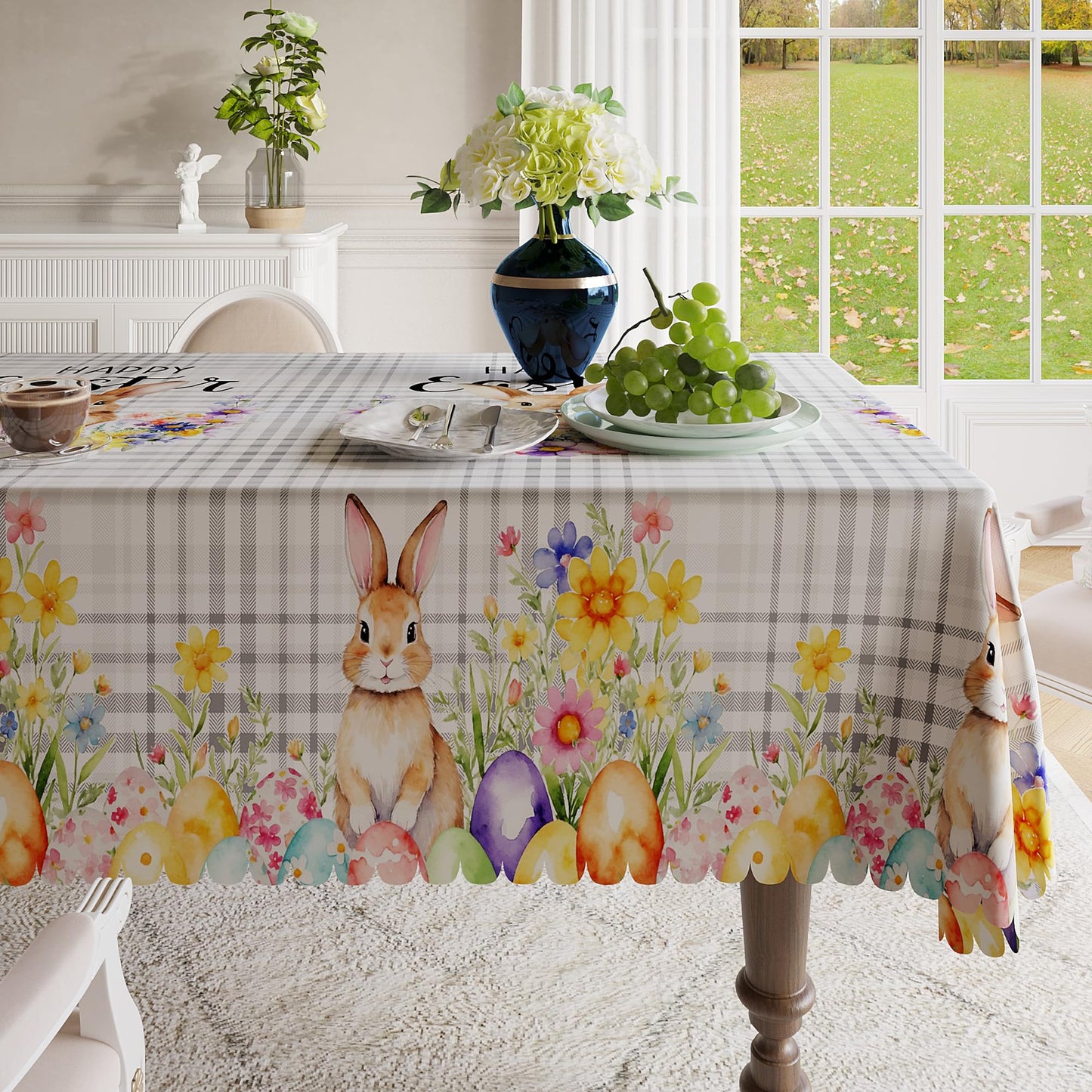 Easter Tablecloth 60x84 Inch Rectangular, Spring Tablecloth, Plaid Bunny Egg Washable Polyester Table Cloth, Fabric Table Cover for Party Picnic Dinner Decor,Easter E BST326H