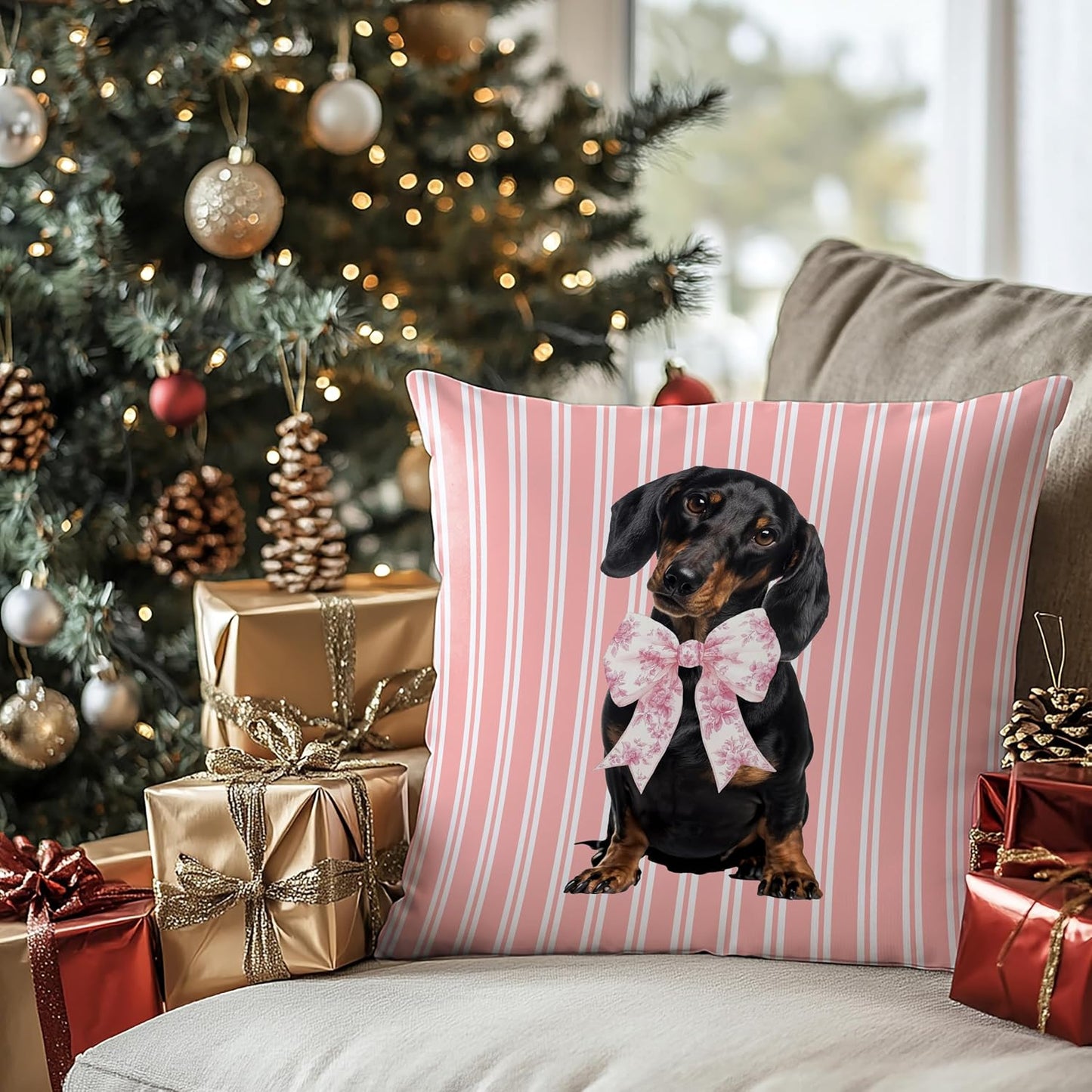 Coquette Pink Chinoiserie Bow Dachshund Pillow Covers 18x18, Dachshund Gifts for Women, Preppy Pink Striped Cute Weiner Dog Decorative Pillow Covers for Girls Bedroom Living Room Home BST202