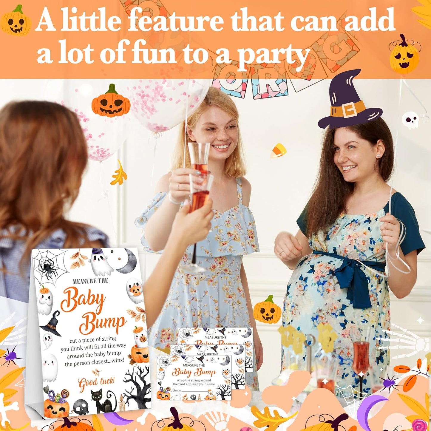 Halloween Baby Shower Measure The Baby Bump, 1 Self-Standing Sign + 50 Tickets for Little Ghost Gender Reveal Announcement Party Favor Supplies - D12 BST326L