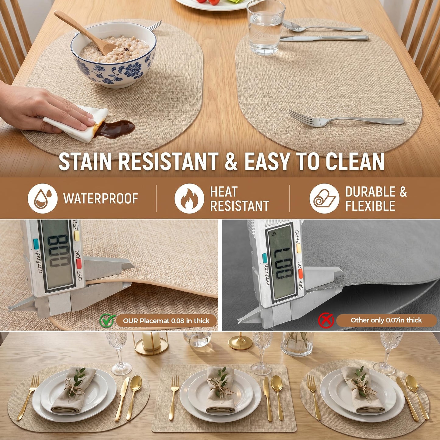 Faux Leather Placemats Set of 6, Wipeable Waterproof Stain Resistant Table Mats, Heat Resistant Thick Placemats with Hand-Painted Edges for Kitchen Dining, Imitative Linen Texture, Various Shapes BST326H