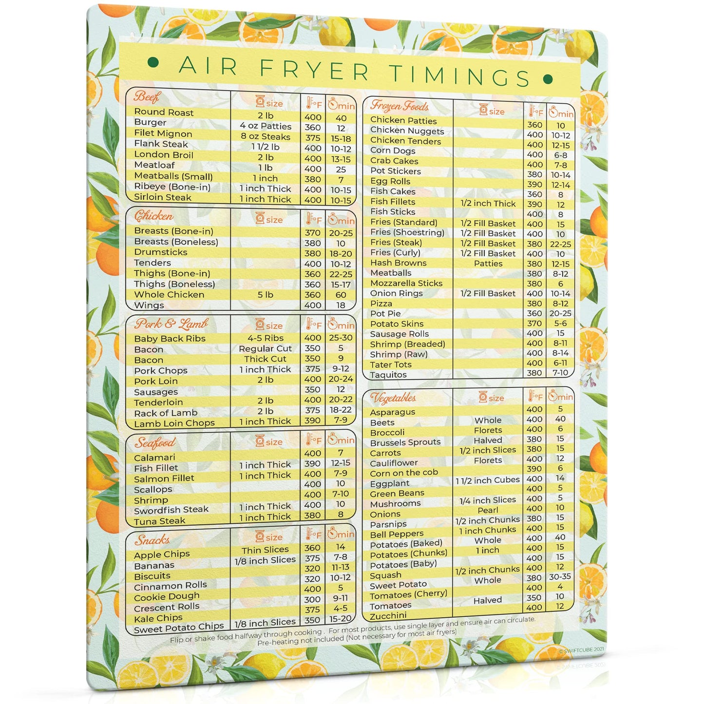 SwiftCube Air Fryer Magnetic Cheat Sheets, Multicooker Cheat Sheet Recipe Magnets, with Cooking Temperature, Time & Size Chart Conversion Measurement, Orange-Lemon Kitchen Decor, 8.5"x11" Citrus Dream BST220