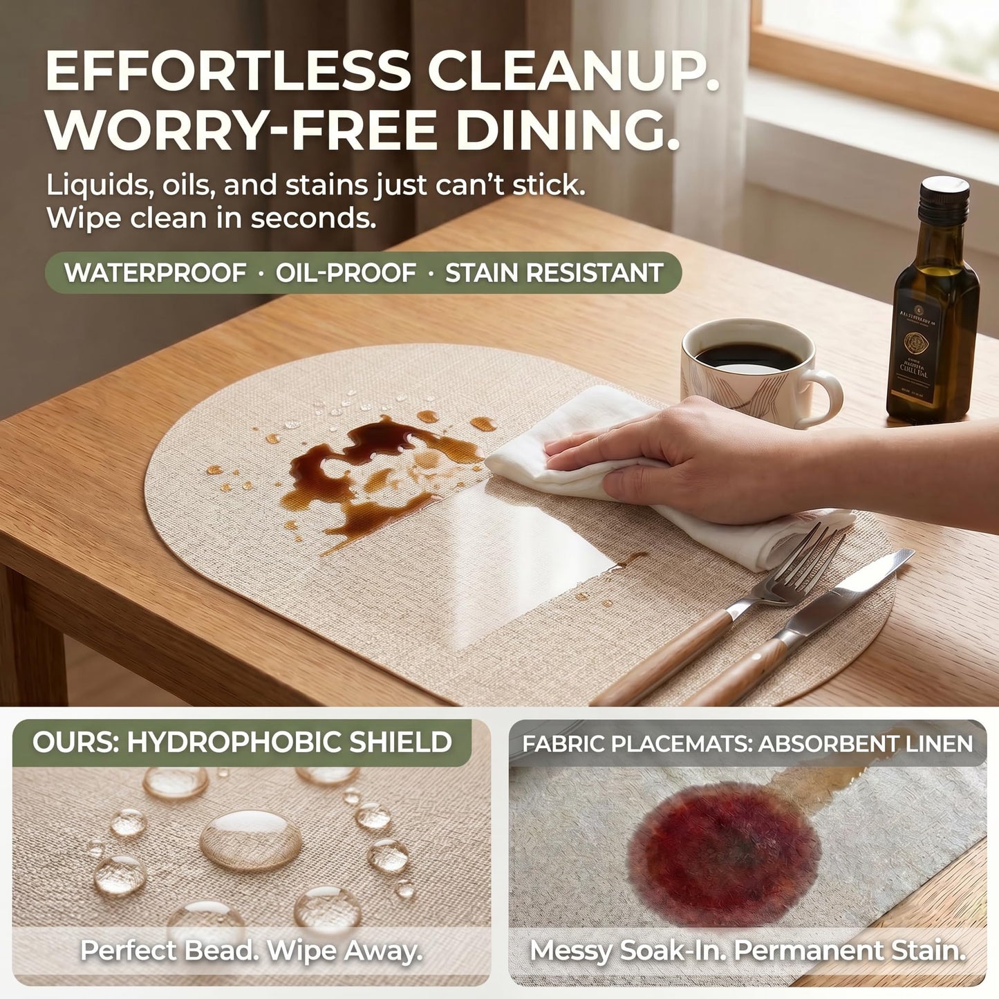 Faux Leather Placemats Set of 6, Wipeable Waterproof Stain Resistant Table Mats, Heat Resistant Thick Placemats with Hand-Painted Edges for Kitchen Dining, Imitative Linen Texture, Various Shapes BST326H