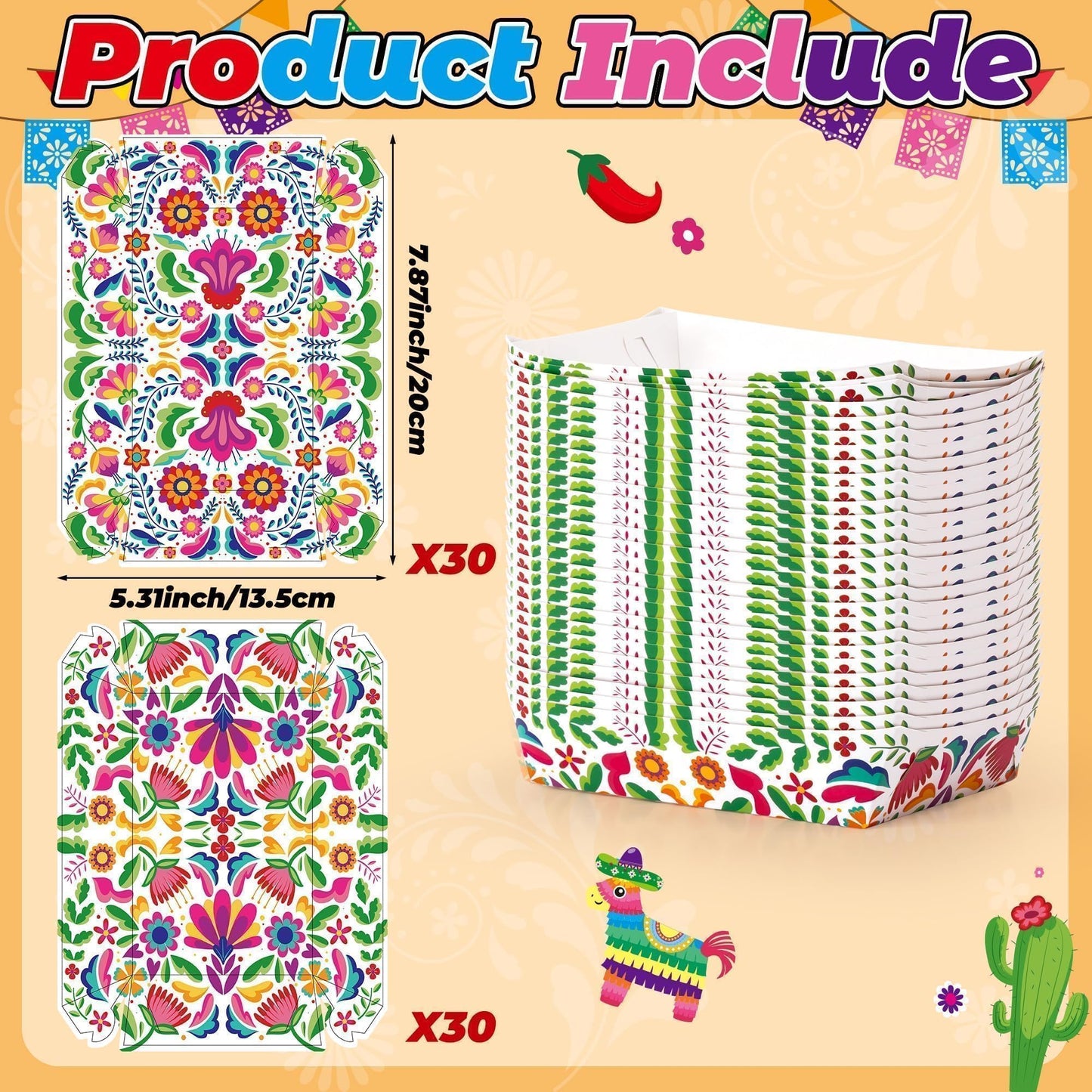 Mexican Taco Nights Food Trays 100Pcs Mexican Nacho Popcorn Unassembled Trays Snack Candy Holder Disposable Paper Plates Holiaday Carnival Party Supplies Concession Stand Food Containers BST202
