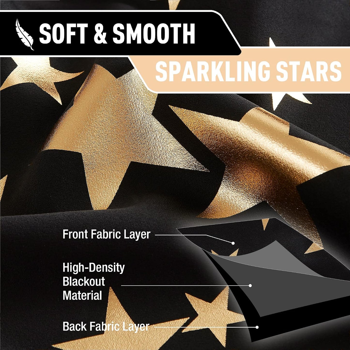 Treatmentex Gold Star Black Full Blackout Curtains for Boys Bedroom, Metallic Window Panels for Baby Nursery Room Grommet Top 2 pcs(Black Gold, 50x63in) BST202