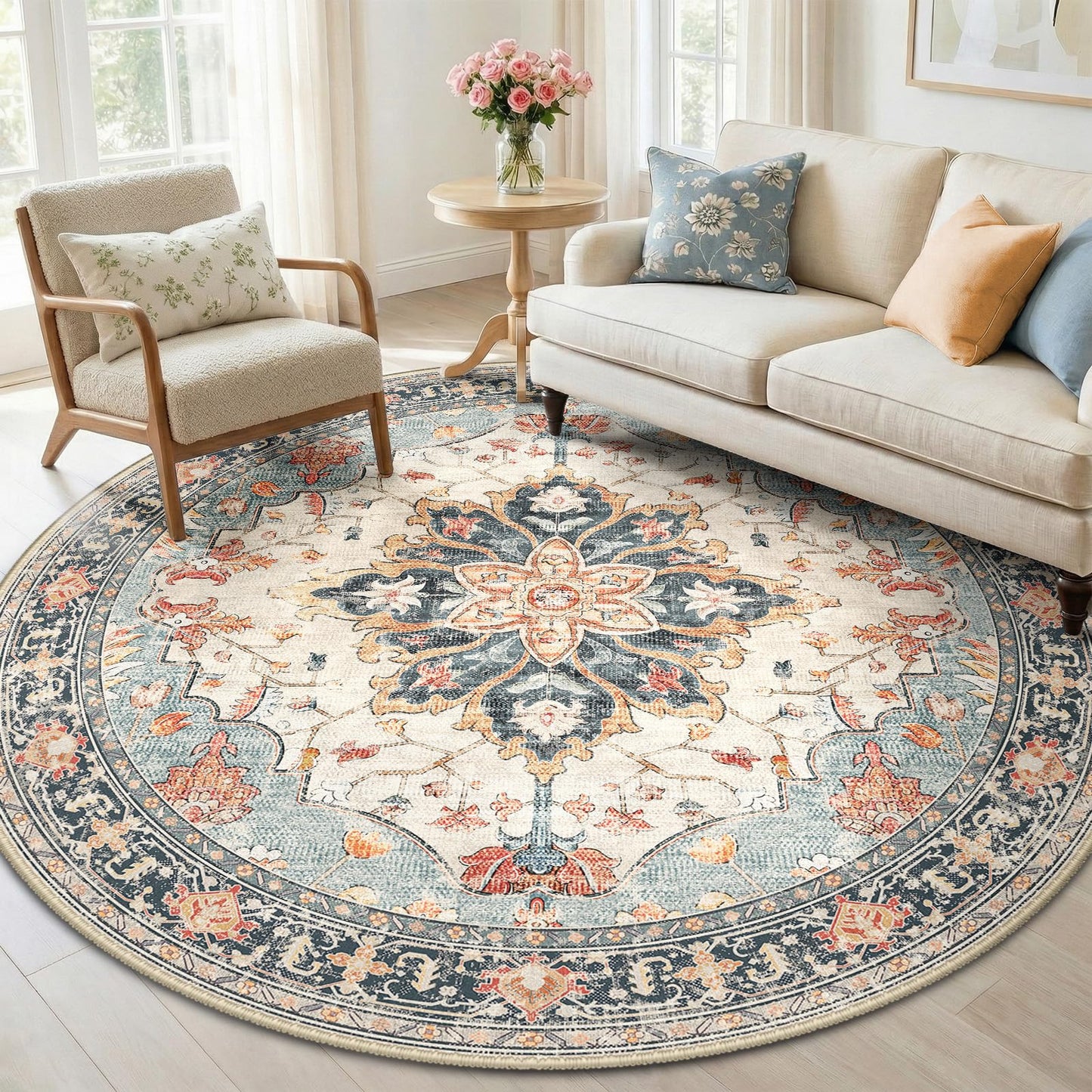 RELEANY Area Rugs Runner 2'x6' Washable Non-Slip, Floral Vintage Distress Medallion Carpet for Kitchen Hallway Bedroom Beside Laundry Room Bathroom, Teal Green Lake Blue Turquoise DD1210