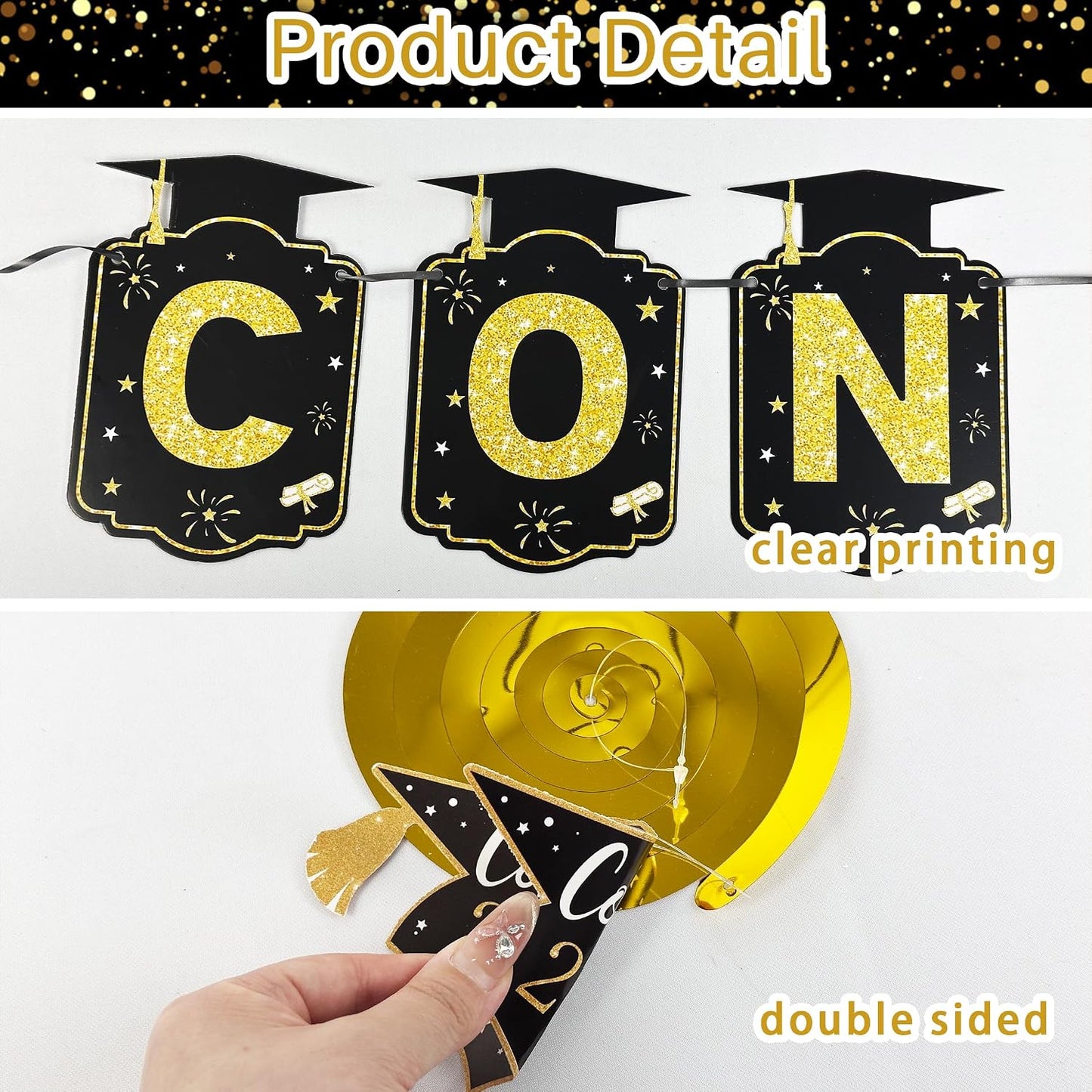Graduation Decorations 2026, Black and Gold Congrats Grad Banner with 6PCS Graduations Hanging Swirl Decorations for Class of 2026 Grad Party BST326L