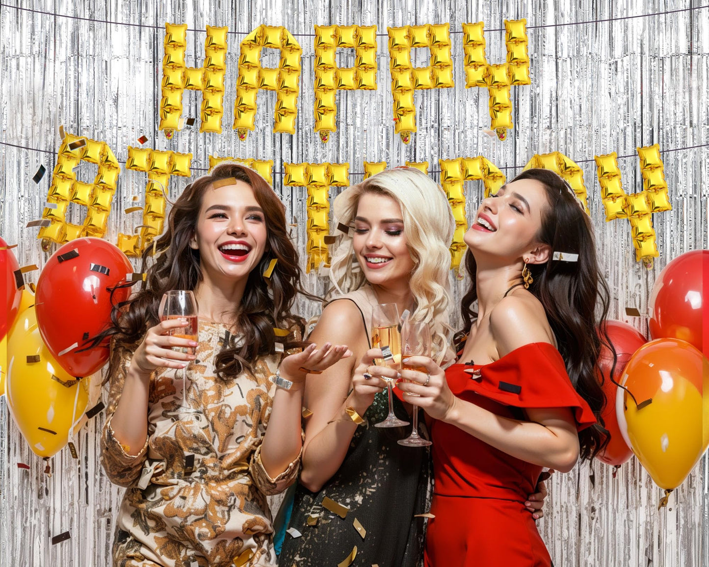 Seenelling Happy Birthday Balloons Banner with 3 Pack Silver Foil Fringe Backdrop 16 Inch Foil Letters Metallic Tinsel Fringe Curtains Reusable Inflatable Birthday Party Decorations(Blue) BST326L