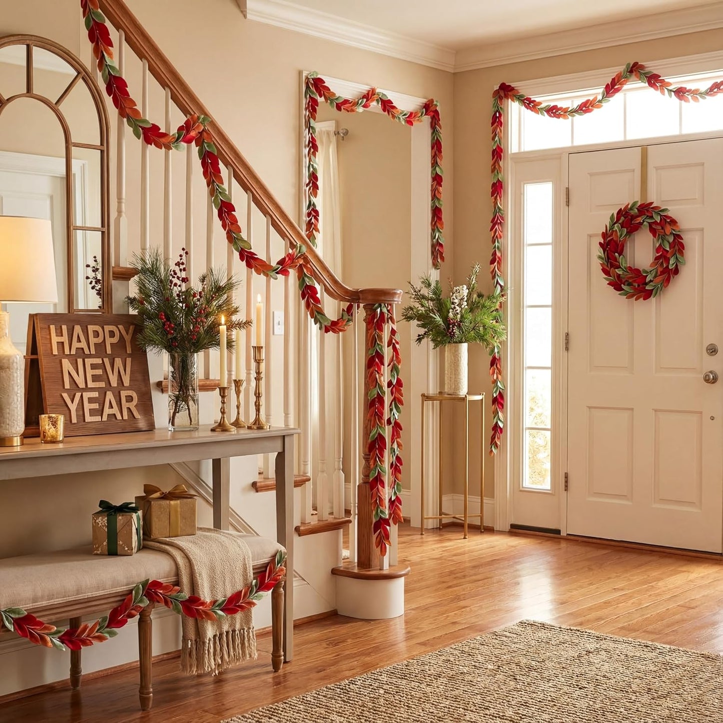 Suncalla 6 Pcs 72" Red Felt Garland Leaves Decorations for Home, Tree Felt Garland, New Year 540 Red Green Leaves Banner, Fall Rattan for New Year Themed Party, Mantel Wall Home Decoration WN420