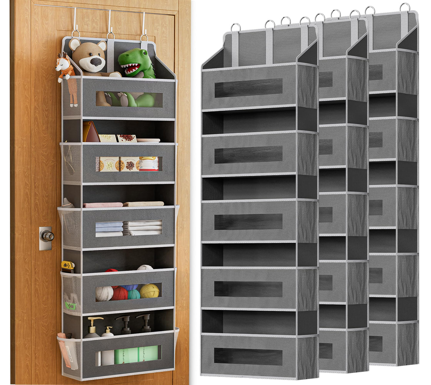 5 Tier Over The Door Organizer - Large Capacity Behind Door Hanging Shelves with 10 Mesh Pockets and Clear Windows, Closet Organizers and Storage for Bathroom, Bedroom, Nursery, Grey BST326H