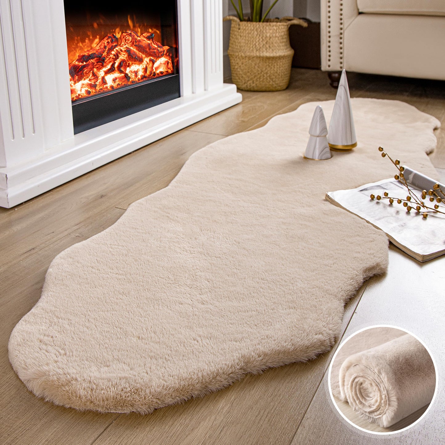 Ashler Faux Fur Rug, Ultra Soft Faux Rabbit Fur, Beige Area Rugs, 3 x 3 Feet Round, Machine Washable Nursery Decor Throw Rugs for Bedroom, Kids Room, Living Room BST326H