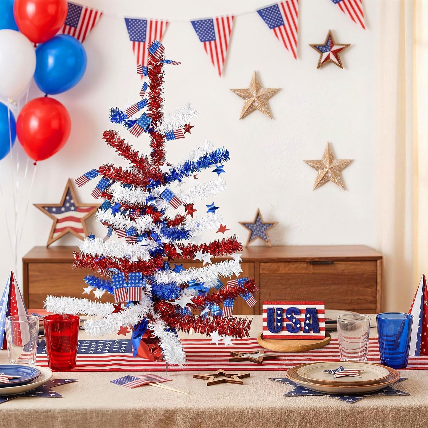 4th of July Table Centerpiece Decoration - Patriotic Tree for Tables Metallic Foil Spray Star Burst Independence Day Party Dining Home Memorial Day Supplies BST202