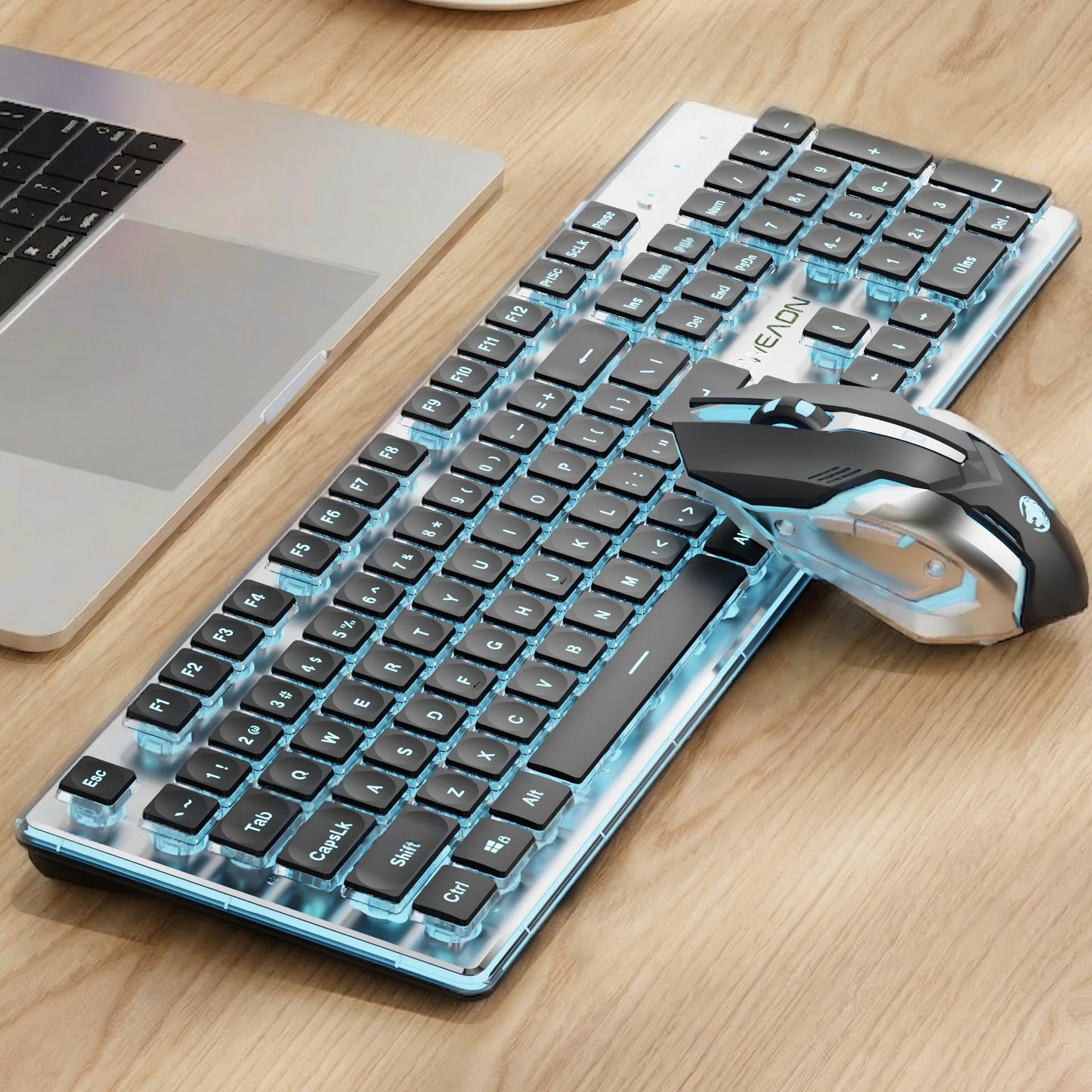 V3 Wireless Keyboard and Mouse with Single Backlit, Metal Panel, Bluetooth/2.4G Rechargeable Computer Keyboard and Mouse Combo Silent Lighted Full Size Cute Keyboards-White