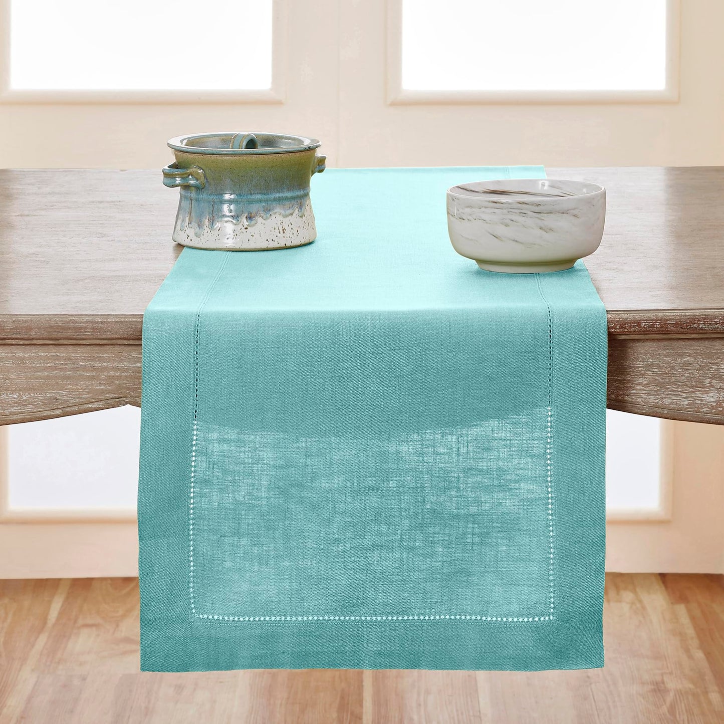 Solino Home 100% Pure Linen Table Runner Garden Green Hemstitch, 14 x 48 in | Classic Hemstitch Table Runners for dining, hallway and console table styling | hand hemstitched borders | OEKO-TEX Certified BST326SOLH