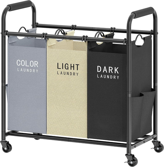 Tajsoon 3 Bag Laundry Sorter Cart, Laundry Hamper 3 Section, 3 Colors | 147L Large Capacity, Removable Laundry Bags, Laundry Basket, Heavy Duty Lockable Rolling Wheels, For Clothes Storage BST326H