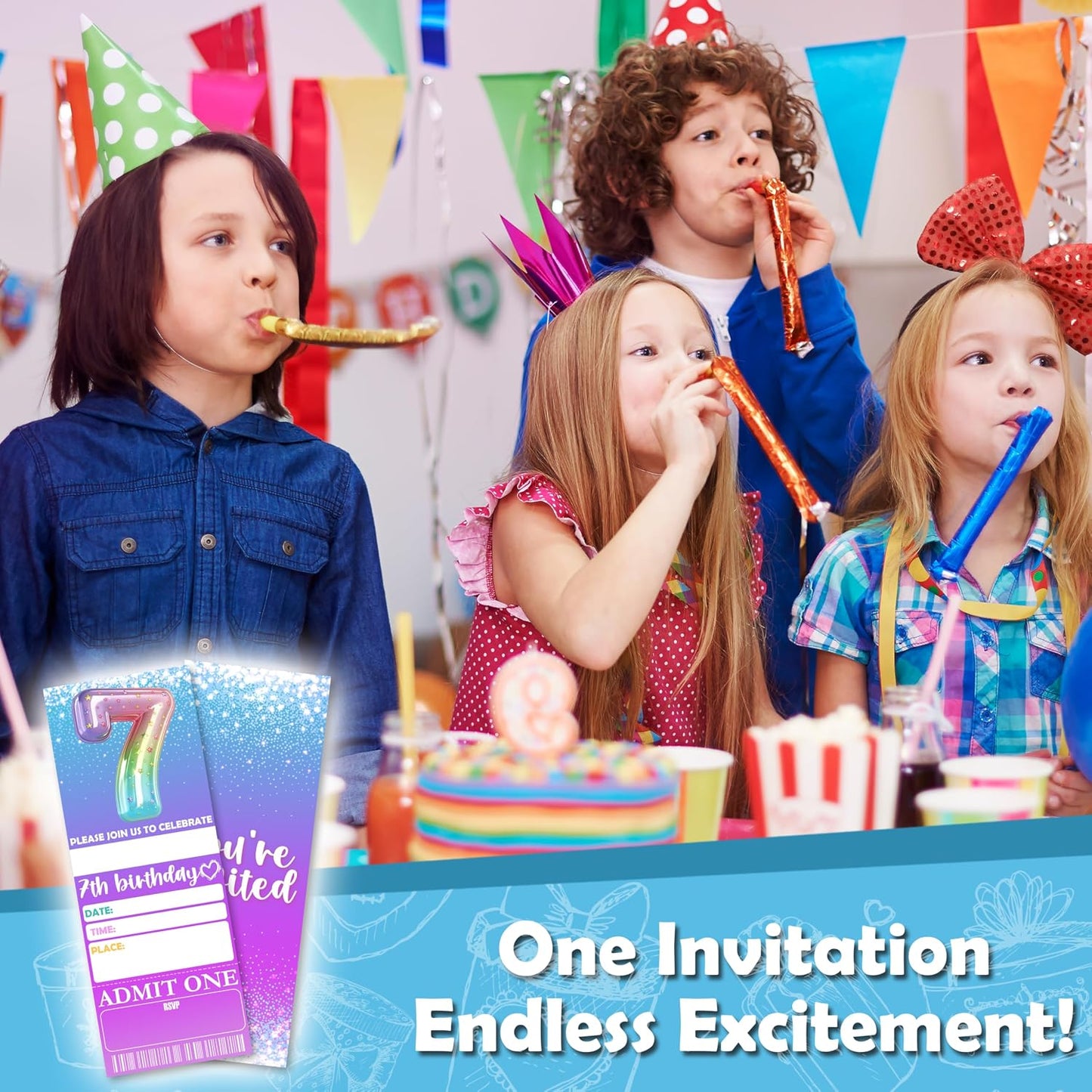 7th Birthday Party Invitations - 3’’ x 8’’ Rainbow Foil Balloon Invites Cards - 20 Double-Sided Fill-in Vip Tickets With 20 Envelopes For Girls Teens - Birthday Party Supplies Decorations - B02 BST326L