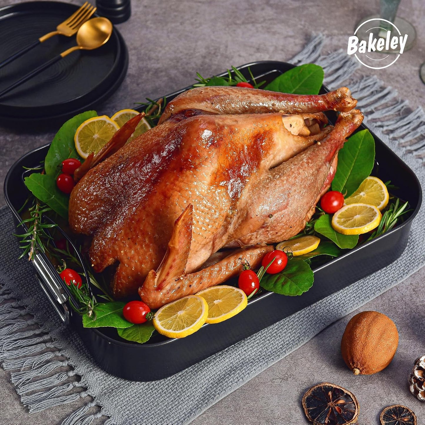 Roasting Pan, Nonstick Roaster Pan with Rack, Turkey Roasting Pan with V Rack, 17 Inch x 13 Inch, Black BST326H