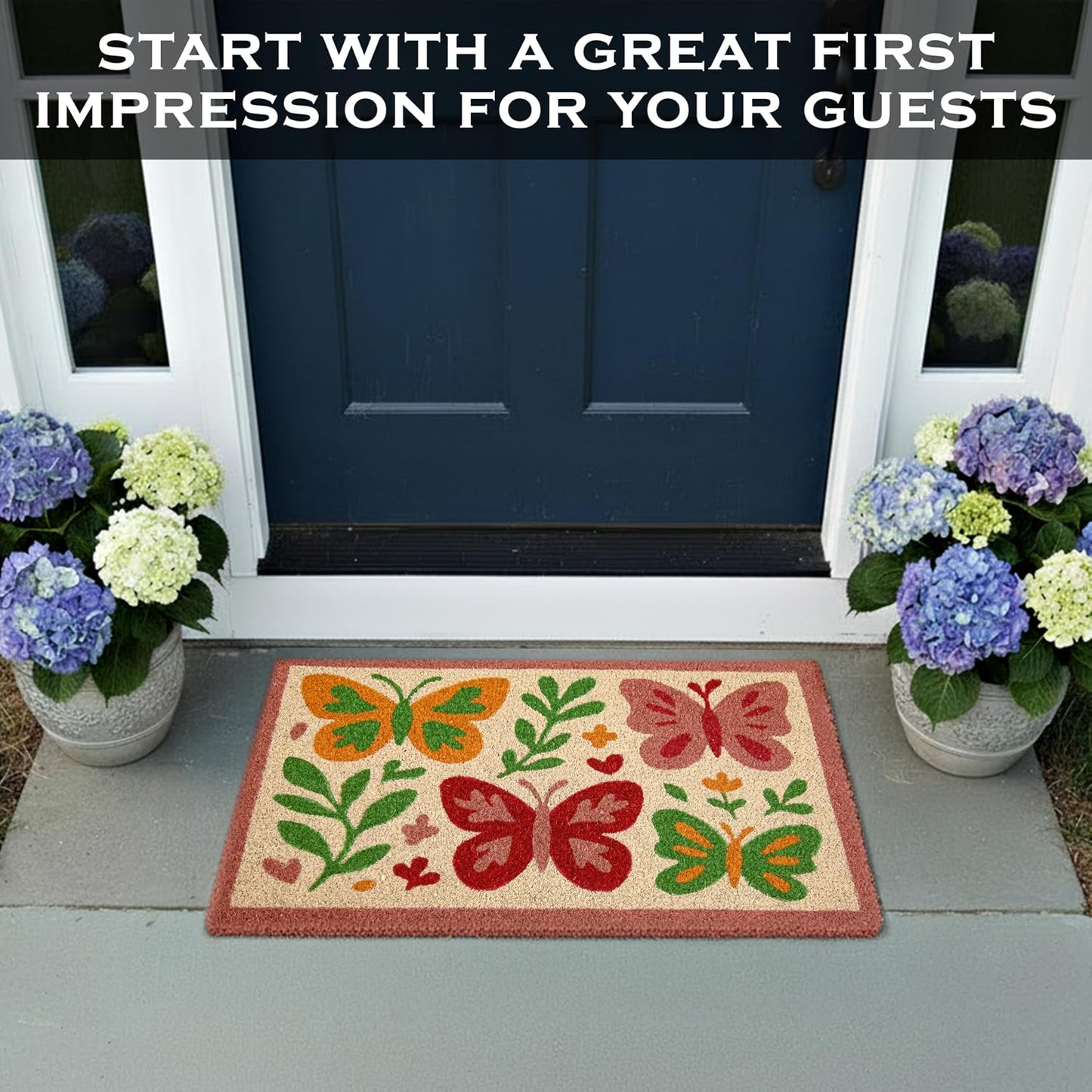 MAINEVENT Butterfly Welcome Mat 30x17 Inch, Spring Outdoor Doormat Coir | Natural Coco Fiber Spring Decor, Pvc Backing, Dirt Scraper, Nature-Inspired Farmhouse Decor, Housewarming Gift, Covered Porch BST202