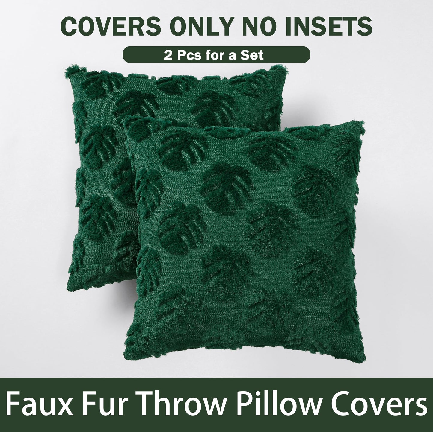 Palm Leaves Decorative Throw Pillow Covers 18"x18", Set of 2 Green Tropical Leaf Soft Faux Fur Pillow Covers, Fluffy Plush Pillow Cases for Farmhouse Couch Cushion Covers BST326H