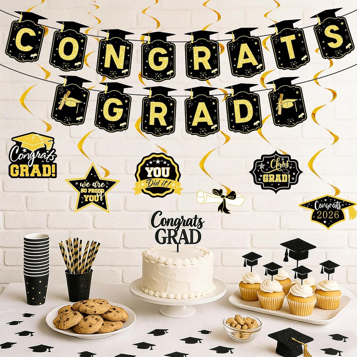 Graduation Decorations 2026, Black and Gold Congrats Grad Banner with 6PCS Graduations Hanging Swirl Decorations for Class of 2026 Grad Party BST326L