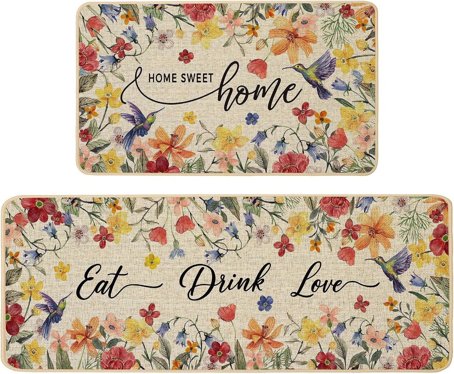 Baccessor Home Sweet Home Floral Kitchen Mats Set of 2,Spring Summer Hummingbird Flowers Kitchen Rugs Absorbent Non Slip Low-Profile Washable for Floor Home Decor 17x29 and 17x47 Inch BST202