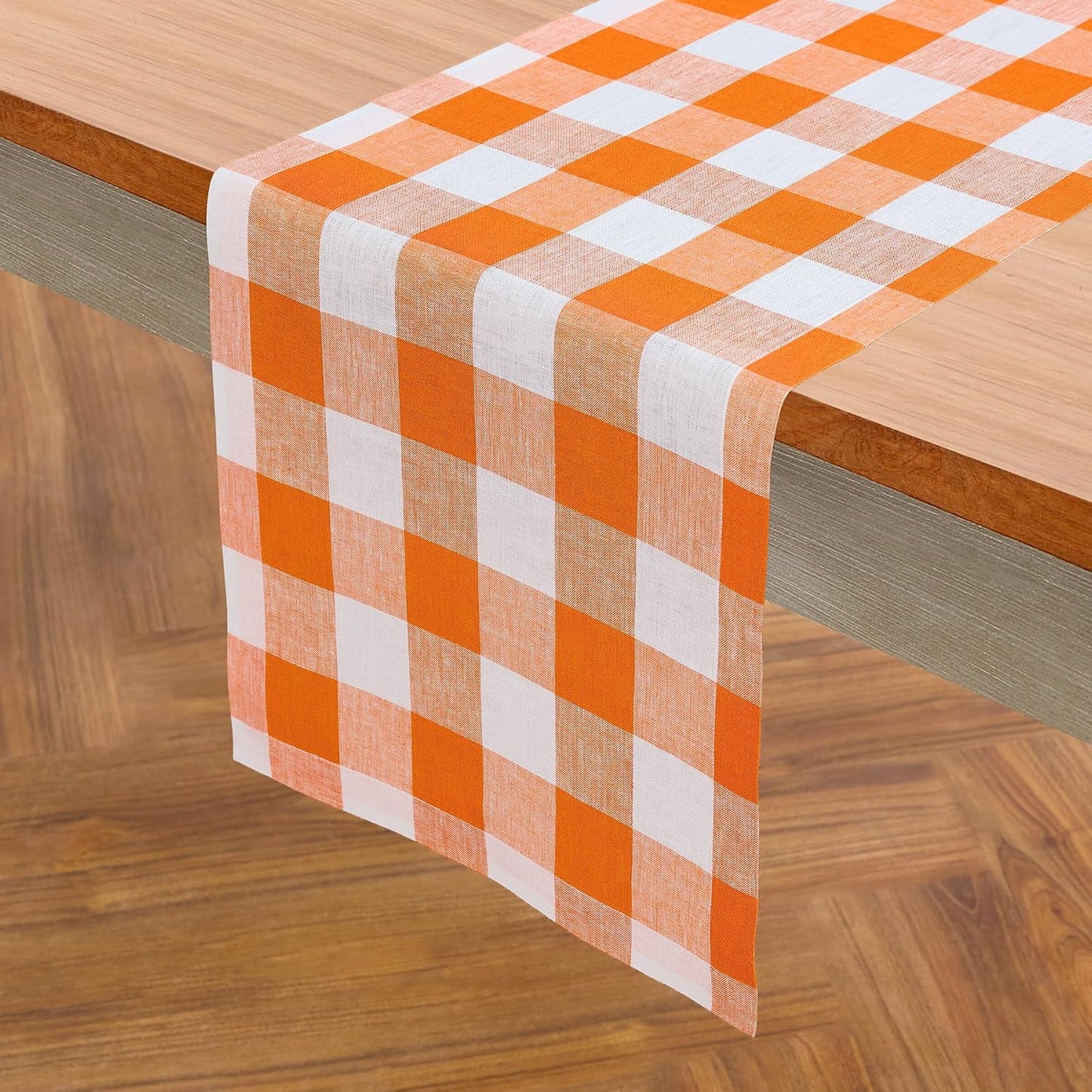 Solino Home 100% Linen Table Runner, 14 x 36 in, Pumpkin and White Check | Buffalo Check Table Runners for dining, hallway and console tables; buffalo checkered weave; Pure Linen; OEKO-TEX Certified BST326SOLH
