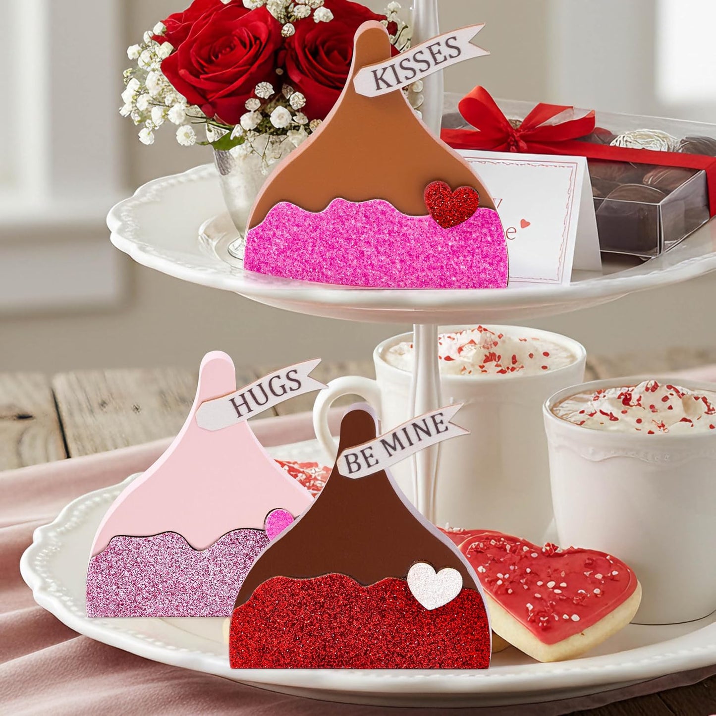 WATINC Valentine Tiered Tray Signs - 3PCS Valentine's Day Kisses Wooden Table Centerpiece Decorations, Sweet Glitter Candy Chocolate Wood Desk Decor, Romantic Tabletop Wedding Farmhouse Party Gifts BST202