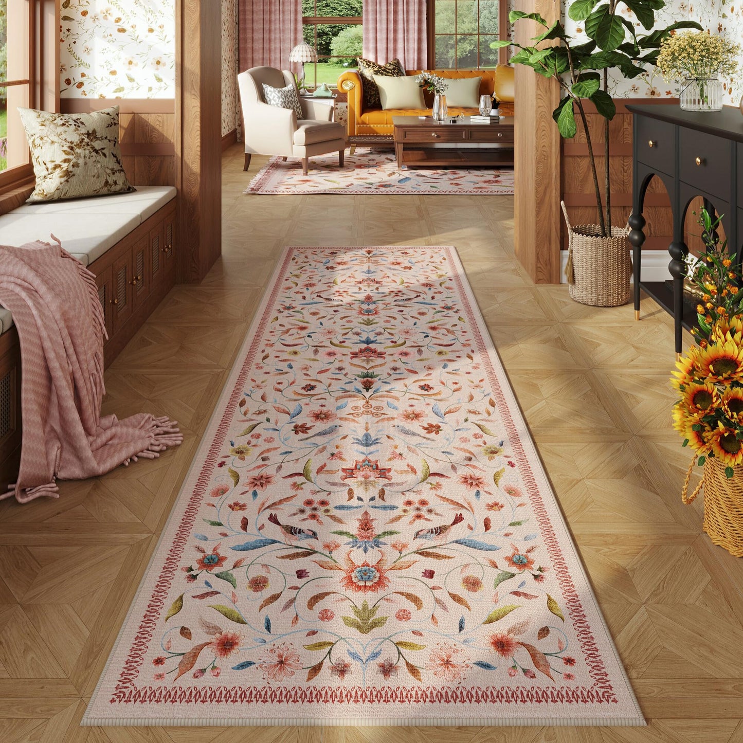 Vintage Medallion Floral Kitchen Runner 2x6, Machine Washable Rug, Soft Low Pile, Non-Slip Carpet for Hallways, Laundry, Bedroom, Bathroom, Entryway | Pink BST220