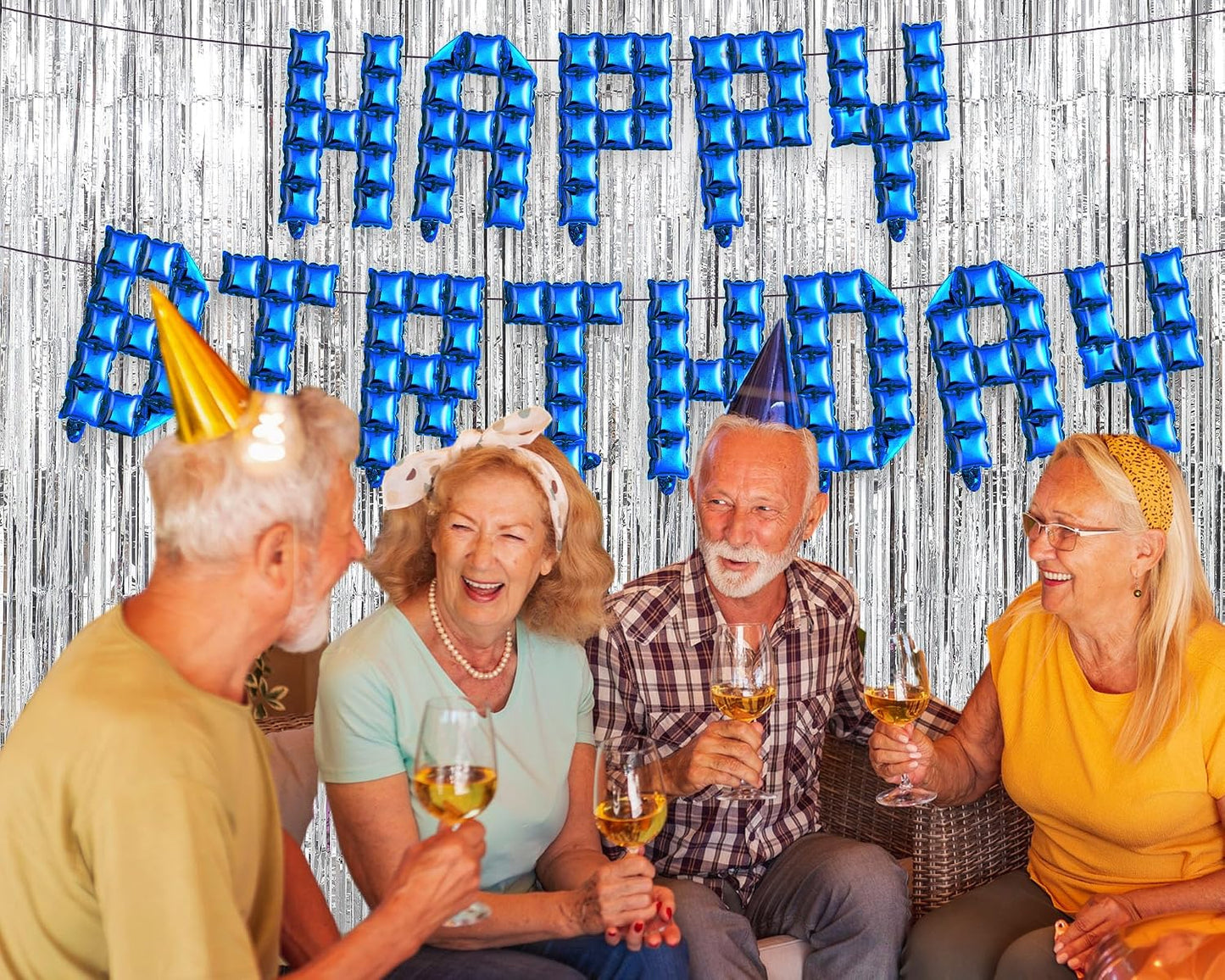 Seenelling Happy Birthday Balloons Banner with 3 Pack Silver Foil Fringe Backdrop 16 Inch Foil Letters Metallic Tinsel Fringe Curtains Reusable Inflatable Birthday Party Decorations(Blue) BST326L