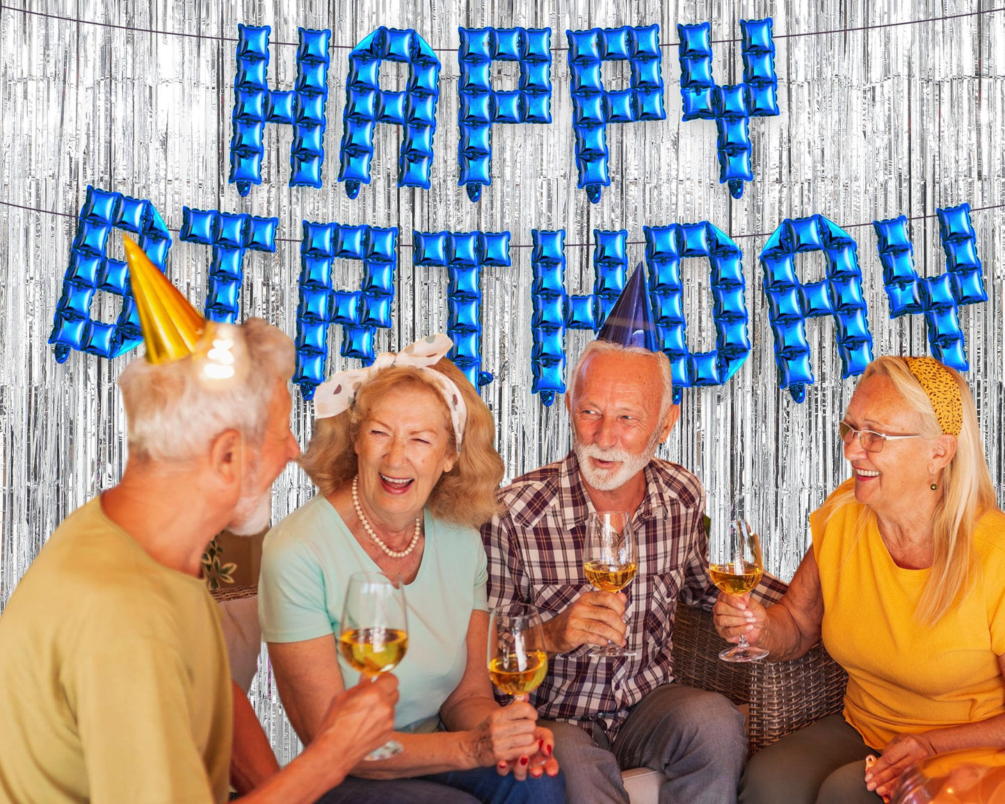 Seenelling Happy Birthday Balloons Banner with 3 Pack Silver Foil Fringe Backdrop 16 Inch Foil Letters Metallic Tinsel Fringe Curtains Reusable Inflatable Birthday Party Decorations(Blue) BST326L