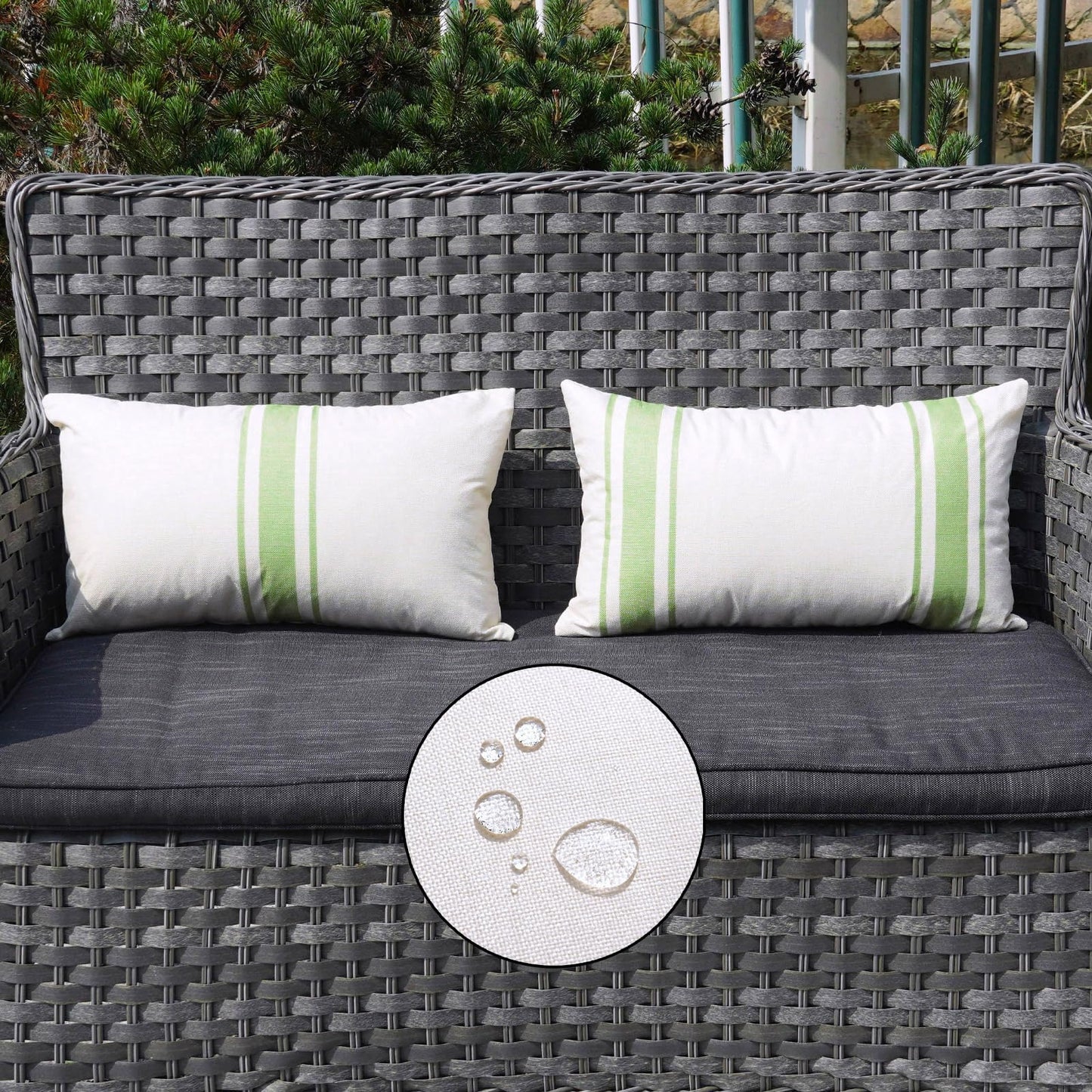 ONWAY Outdoor Pillow Covers Waterproof 18x18 Set of 2 Decorative Linen Throw Pillow Cover Beige and Black Striped Outdoor Pillows for Patio Furniture BST220