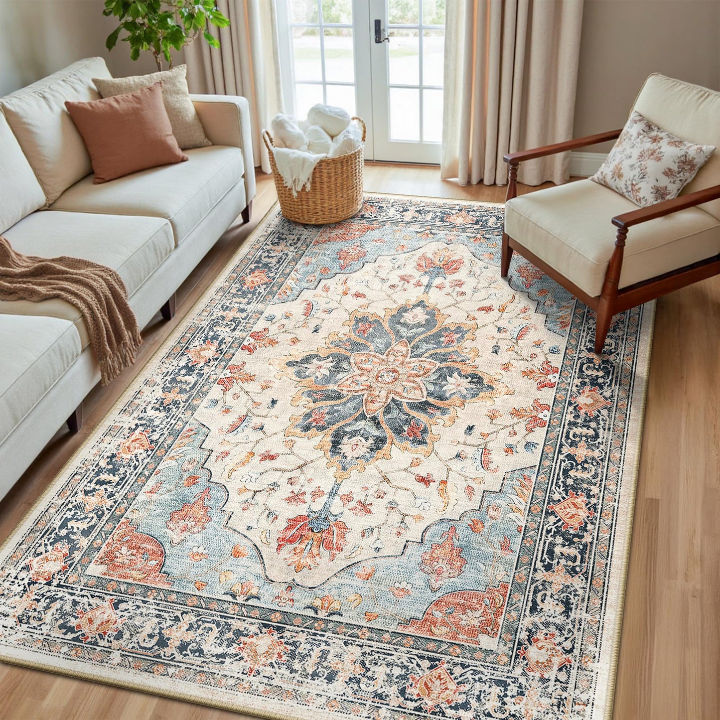 RELEANY Area Rugs Runner 2'x6' Washable Non-Slip, Floral Vintage Distress Medallion Carpet for Kitchen Hallway Bedroom Beside Laundry Room Bathroom, Teal Green Lake Blue Turquoise DD1210