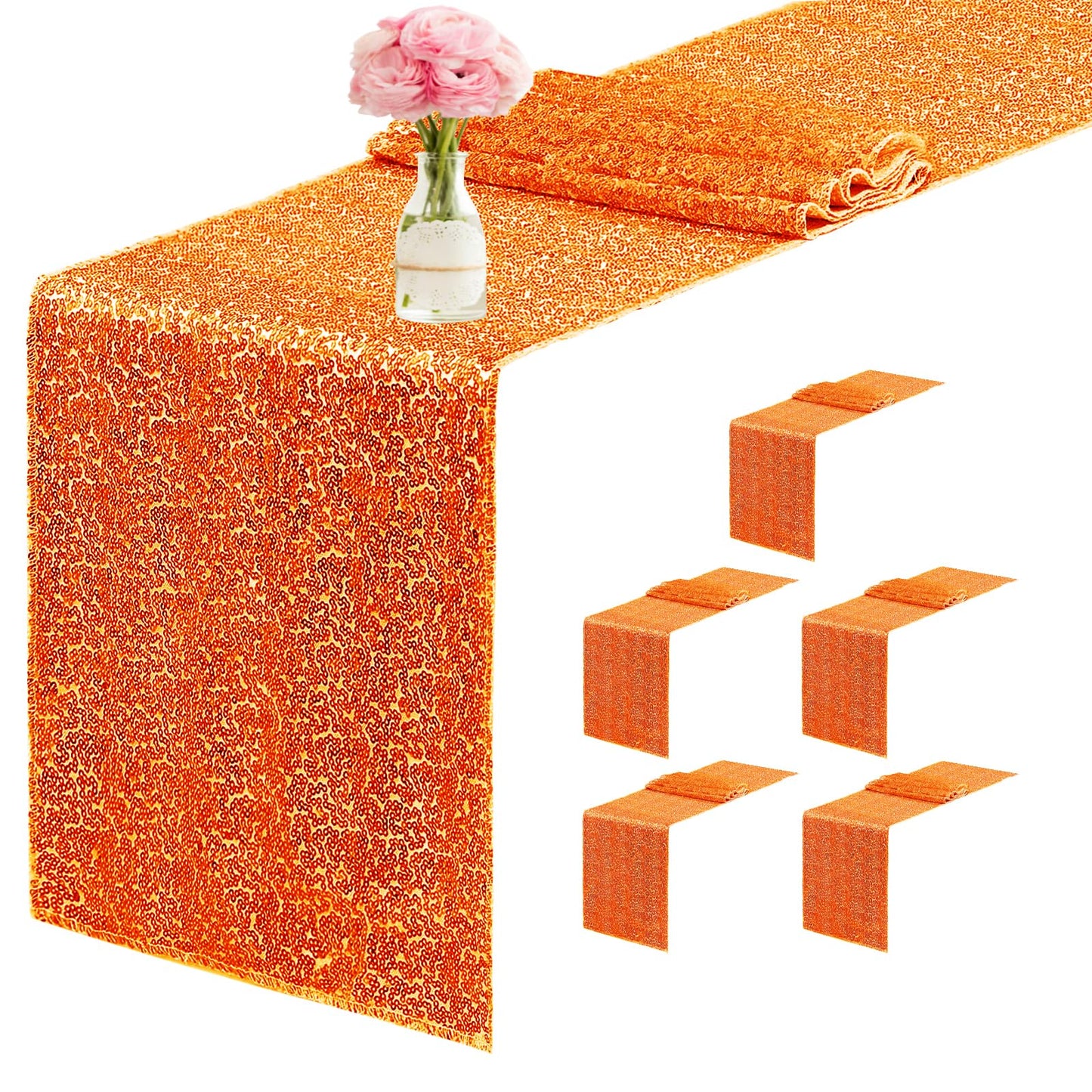 10 Packs 12 x 72 inches Sequin Table Runner, Orange Glitter Table Runner for Birthday Party Supplies Wedding Engagement Baby Shower Holiday Celebration Event Decorations WN420