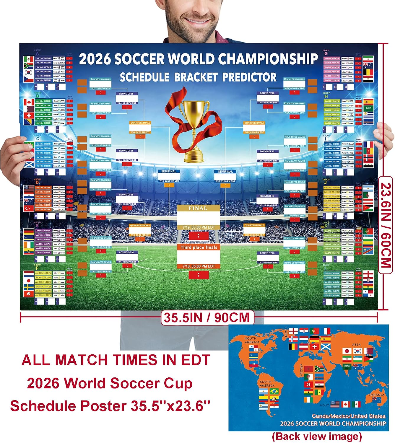 MORTICO 2026 World Cup Bracket Poster 35.5"x23.6" - Bracket Predictor Chart with All Group Matches (A-L) Through Final- EDT Times, Soccer Party Decor Sports Bar Essentials, Great Soccer Fans Gifts BST326H