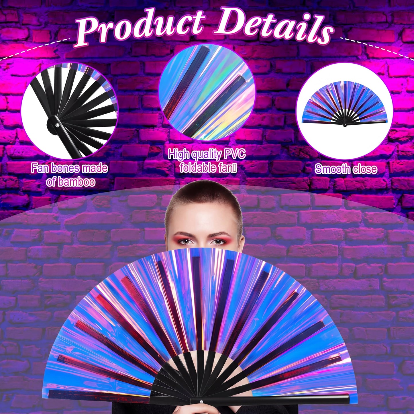 FairySandy Large Rave Fan UV Glow Clack Summer Hand Fan with Thigh Holster for Women Carnival Party Supplies for Carnival Edm Music Festival Club Accessories(Cool Style,Black) WN420