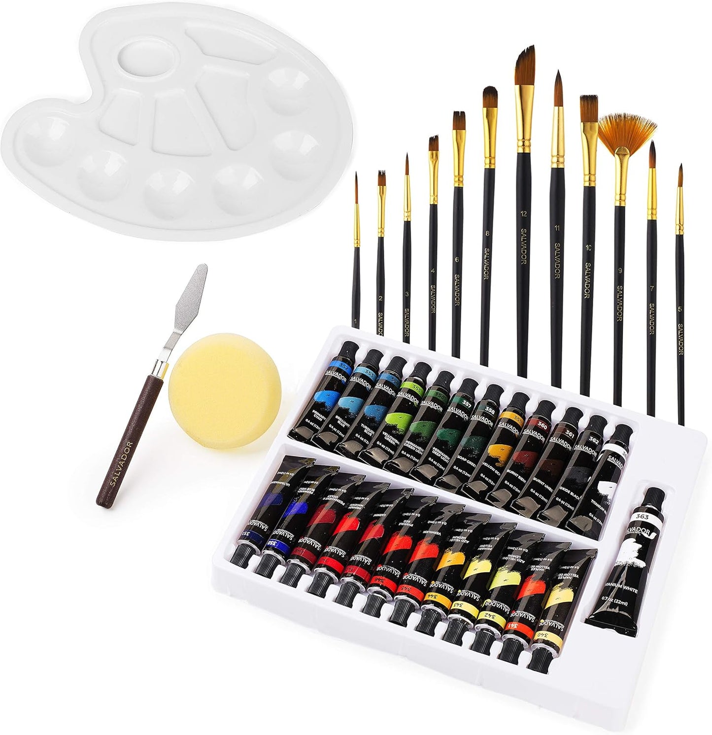 SALVADOR 40 Piece Acrylic Paint Kit, 24 Tubes of 0.4 oz Premium Paints, Mixing Knife, Paint Palette with Sponge