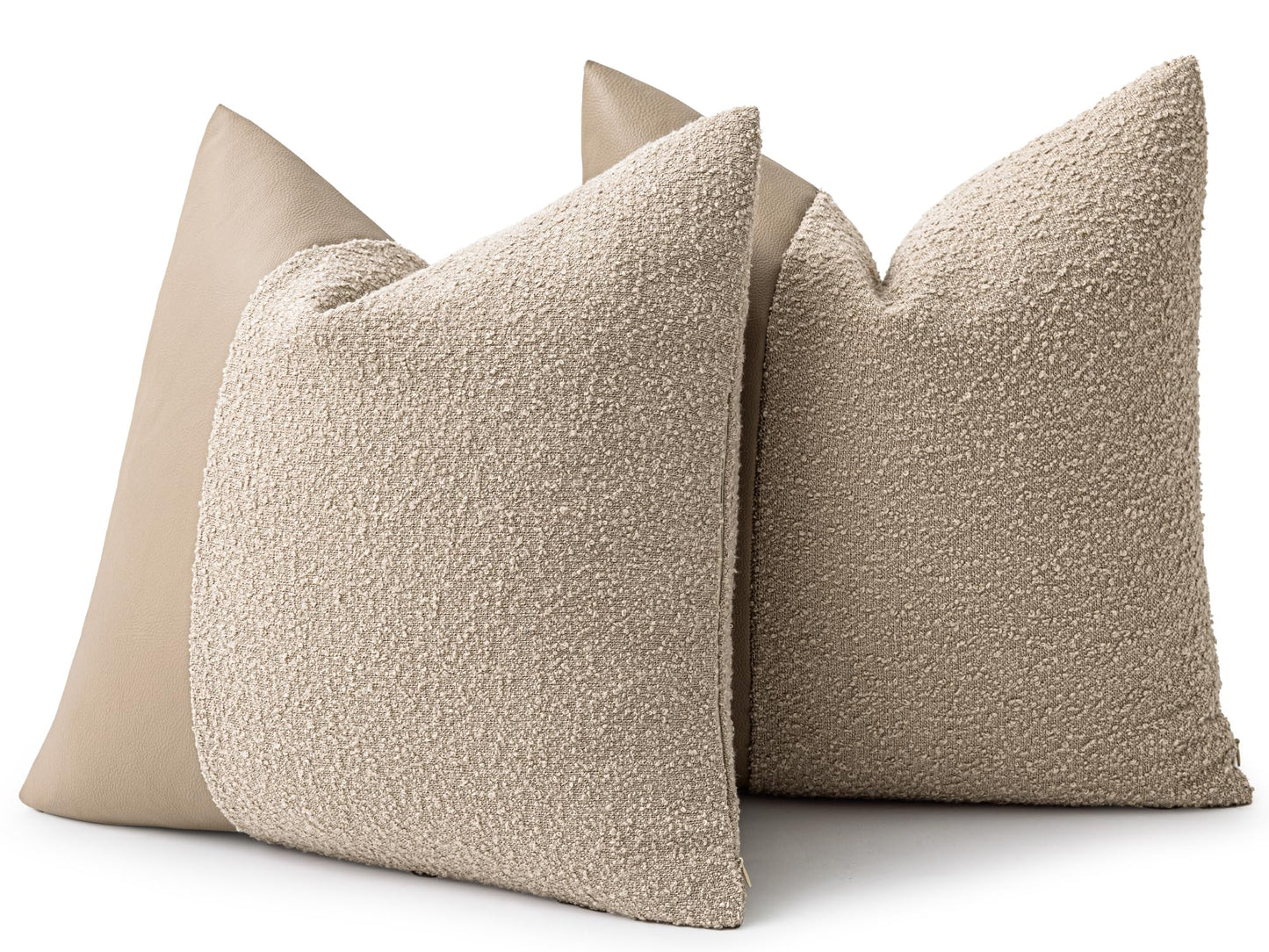 Set of 2 Fluffy Boucle Pillow Covers 18"x18", Oatmeal Textured Throw Pillow Covers with Faux Leather Accents, Boho Decorative Pillow Cases for Couch, Bed, or Farmhouse Home Decor BST220