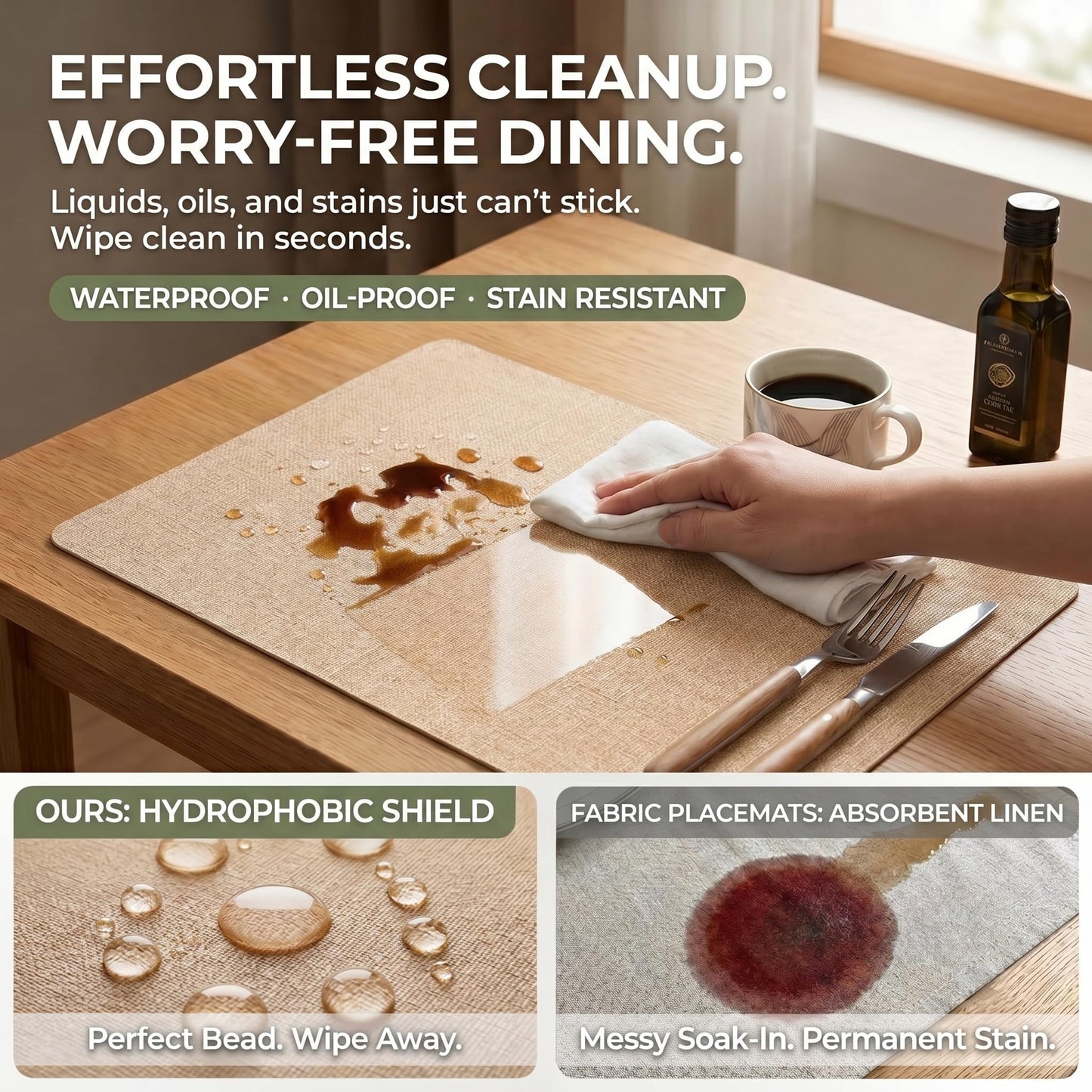 Faux Leather Placemats Set of 6, Wipeable Waterproof Stain Resistant Table Mats, Heat Resistant Thick Placemats with Hand-Painted Edges for Kitchen Dining, Imitative Linen Texture, Various Shapes BST326H