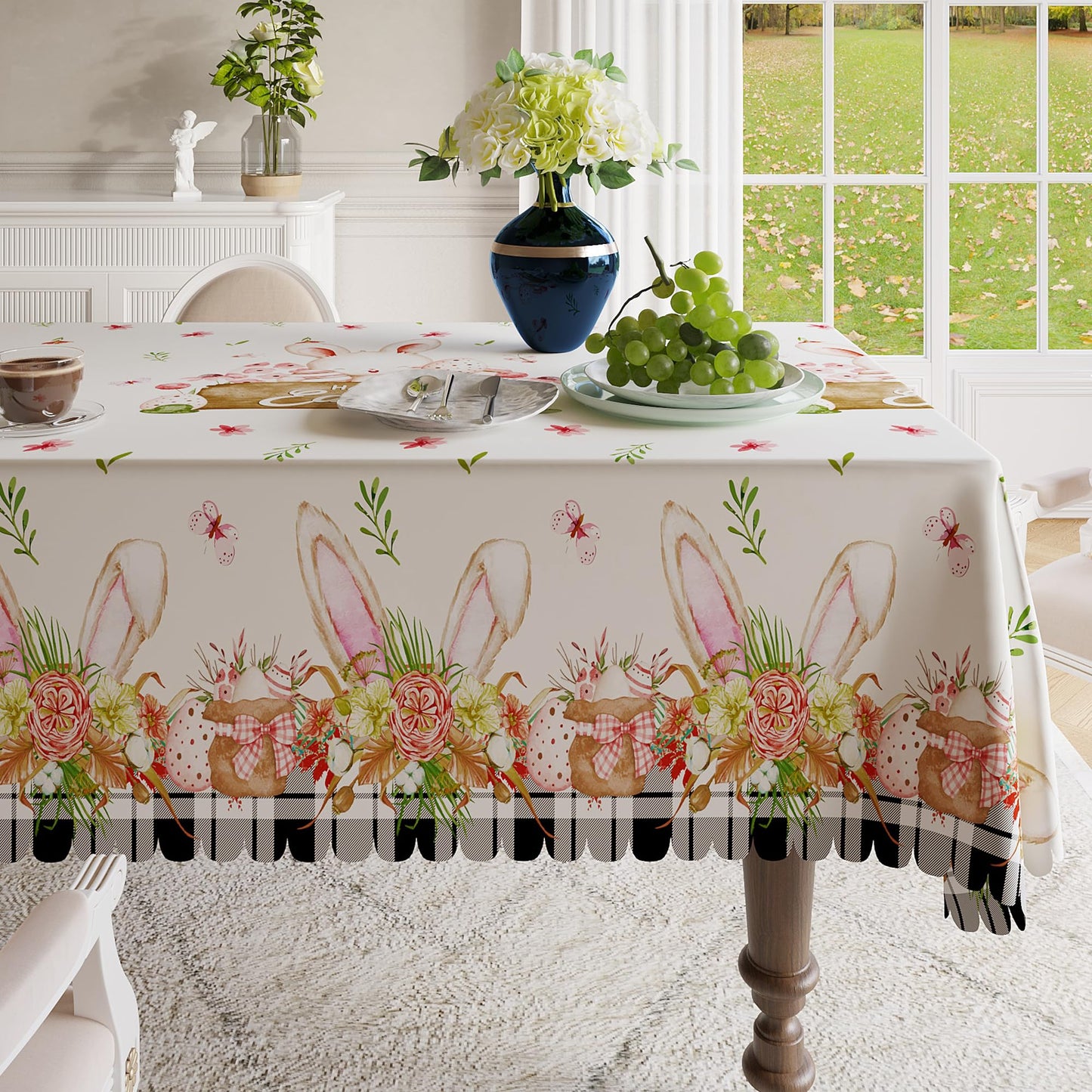Easter Tablecloth 60x84 Inch Rectangular, Spring Tablecloth, Plaid Bunny Egg Washable Polyester Table Cloth, Fabric Table Cover for Party Picnic Dinner Decor,Easter E BST326H