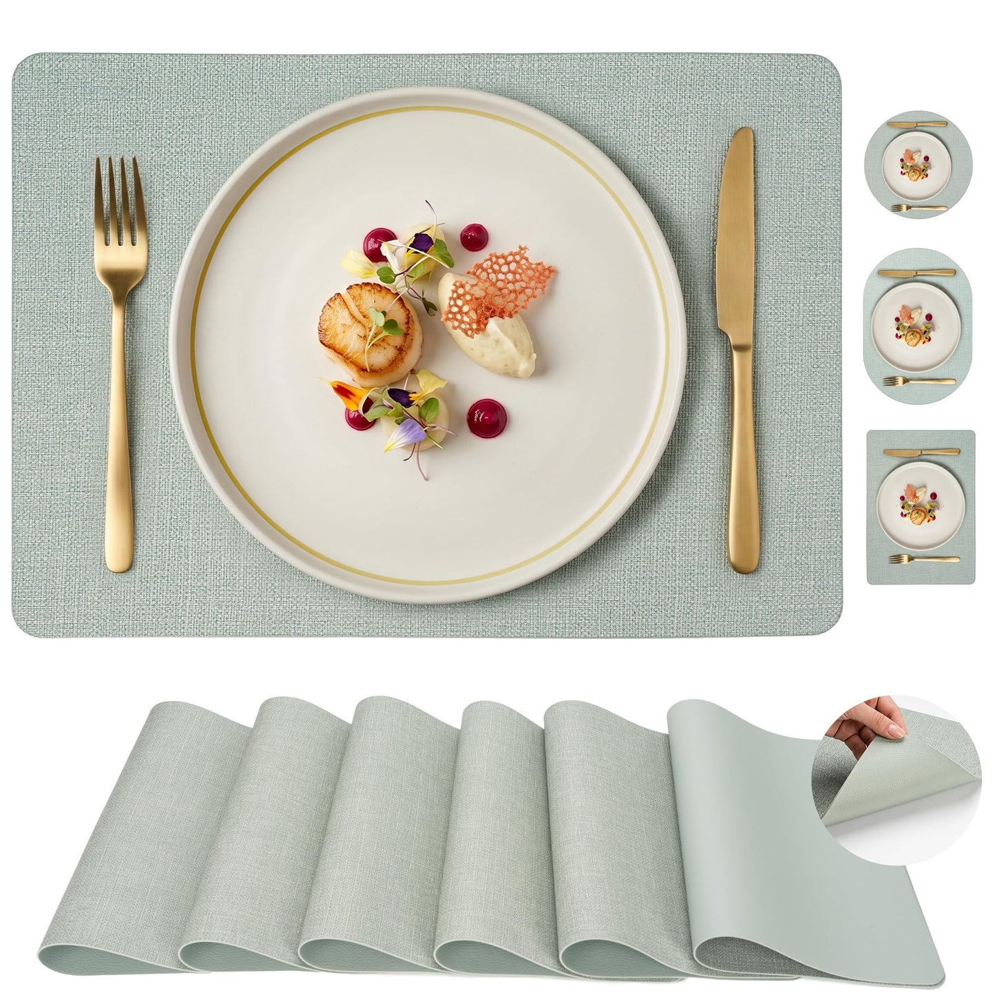 Faux Leather Placemats Set of 6, Wipeable Waterproof Stain Resistant Table Mats, Heat Resistant Thick Placemats with Hand-Painted Edges for Kitchen Dining, Imitative Linen Texture, Various Shapes BST326H