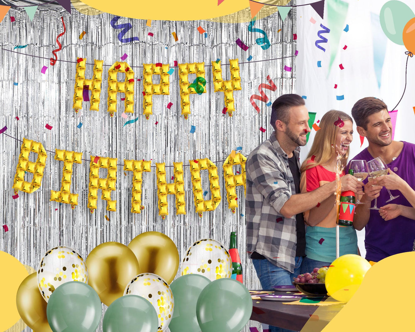 Seenelling Happy Birthday Balloons Banner with 3 Pack Silver Foil Fringe Backdrop 16 Inch Foil Letters Metallic Tinsel Fringe Curtains Reusable Inflatable Birthday Party Decorations(Blue) BST326L
