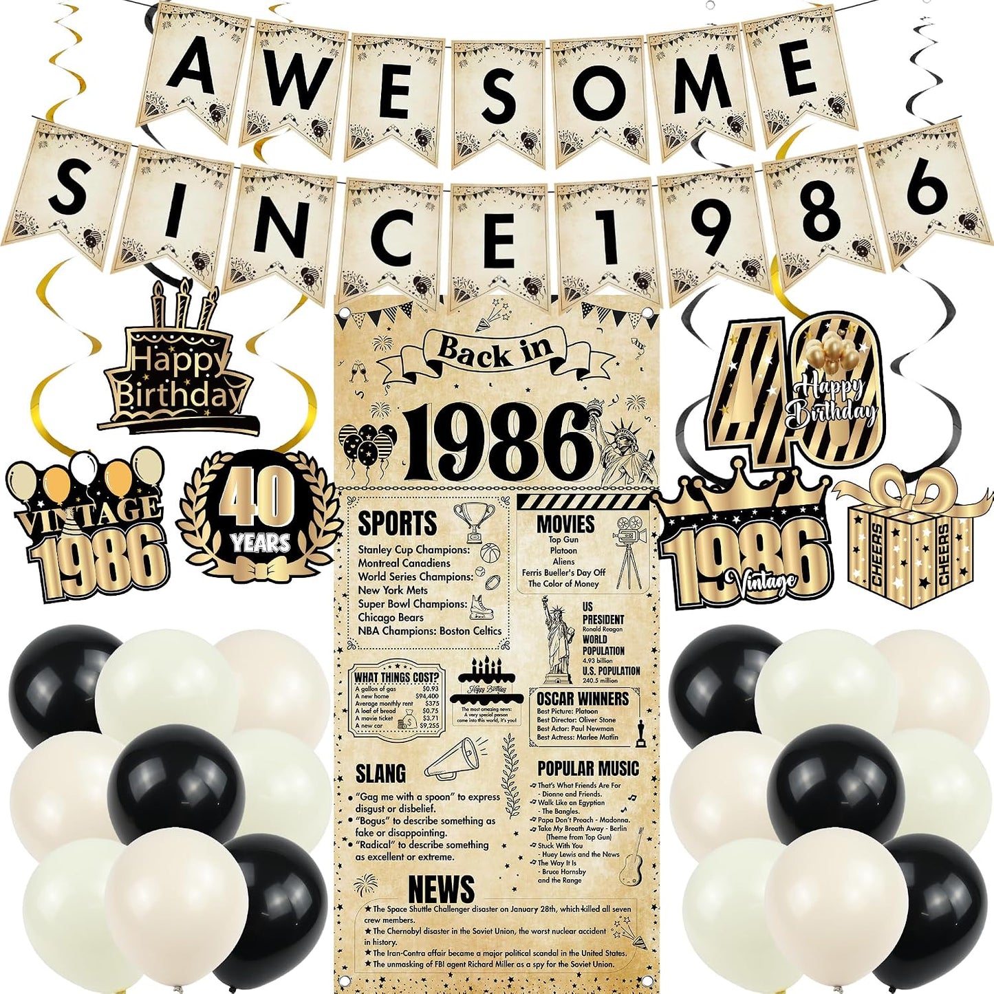 Happy 40th Birthday Decorations Men - 27 Pcs Retro Newspaper Theme Awesome Since 1986 Letter Banners Hanging Swirls Backdrop Latex Balloons for Men Women 40 Years Old Birthday Party Decor Supplies BST326L