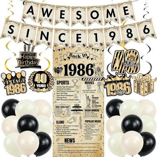 Happy 40th Birthday Decorations Men - 27 Pcs Retro Newspaper Theme Awesome Since 1986 Letter Banners Hanging Swirls Backdrop Latex Balloons for Men Women 40 Years Old Birthday Party Decor Supplies BST326L