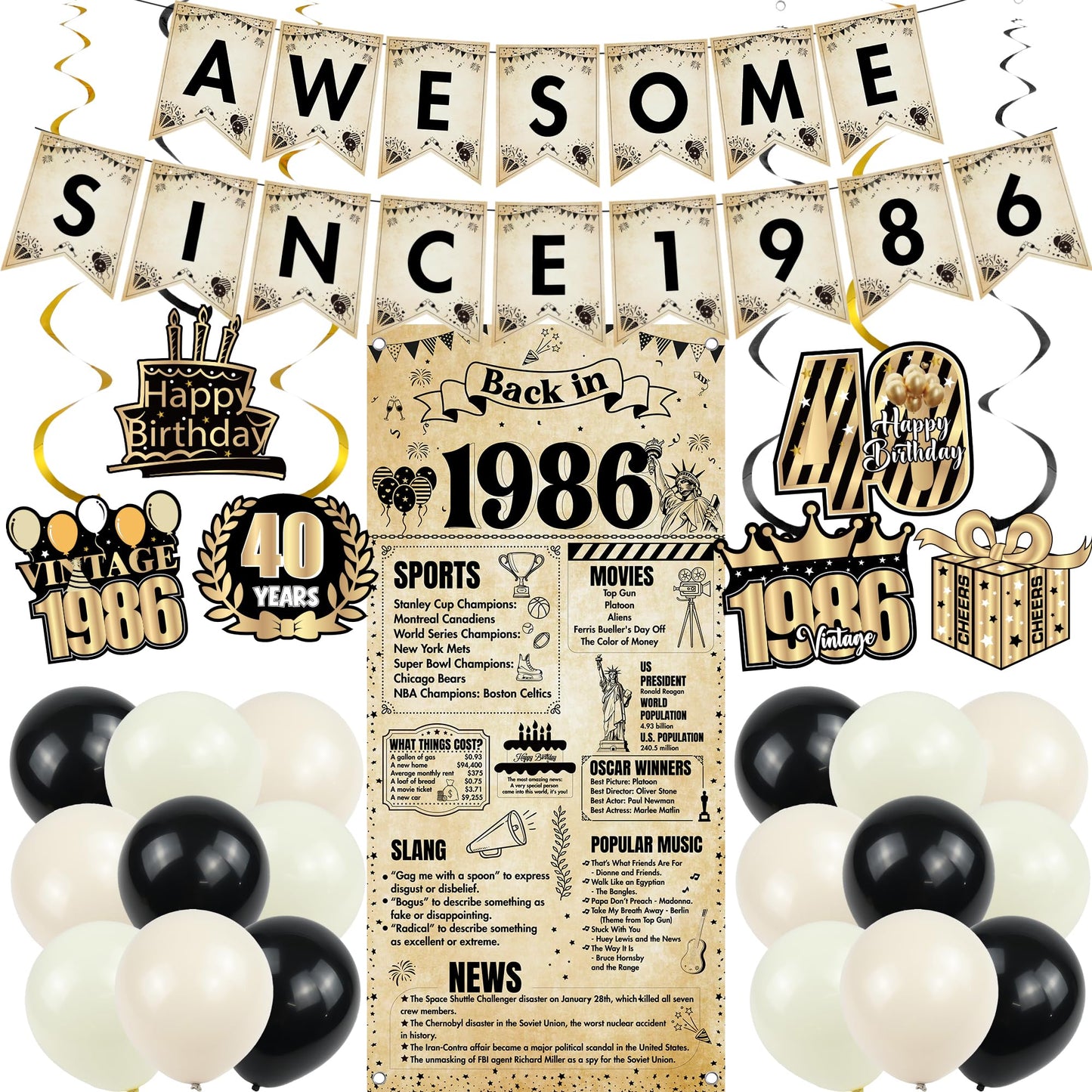 Happy 40th Birthday Decorations Men - 27 Pcs Retro Newspaper Theme Awesome Since 1986 Letter Banners Hanging Swirls Backdrop Latex Balloons for Men Women 40 Years Old Birthday Party Decor Supplies BST326L