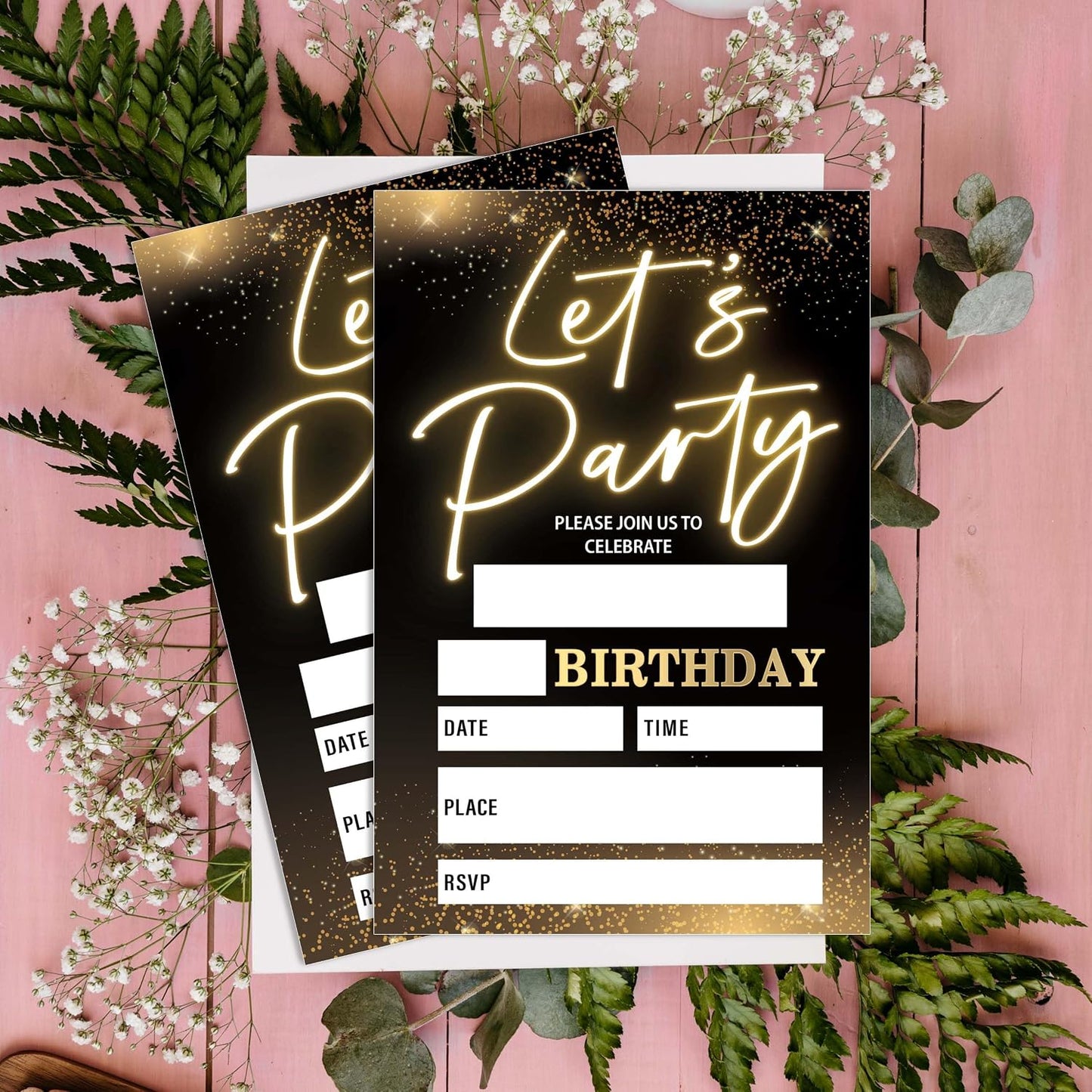 Let's Party! Gold Birthday Invitations, 4x6 Inch, 20Pcs Double-Sided Fill-In Cards & Envelopes for Boys, Girls, Birthday Parties WN420