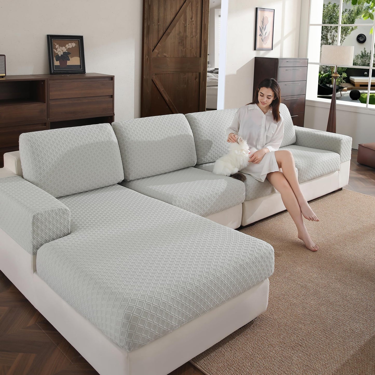 OHSIO Couch Cover, Stretch Sofa Cover, Soft Seat Cushion Covers Washable, Sectional L Shape Sofa Slipcover, Wear Stain Resistant Pet Friendly Furniture Protector for Home (1 Seat Cover L, Dark Gray) BST326H